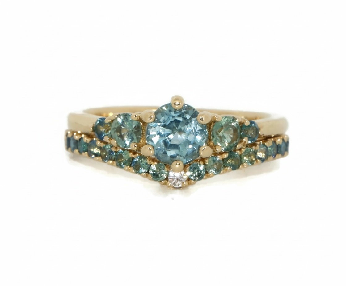 5 Stone Teal Blue Green Natural Sapphire Stones Cluster Ring