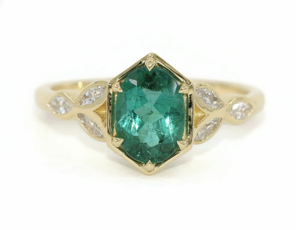 Hexagon Teal Natural Tourmaline and Marquise Diamonds