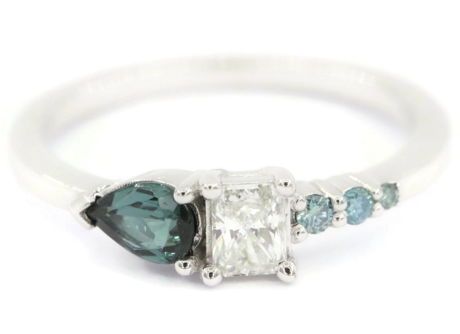 Ombre Teal Blue Diamond and Tourmaline Cluster Engagement Ring