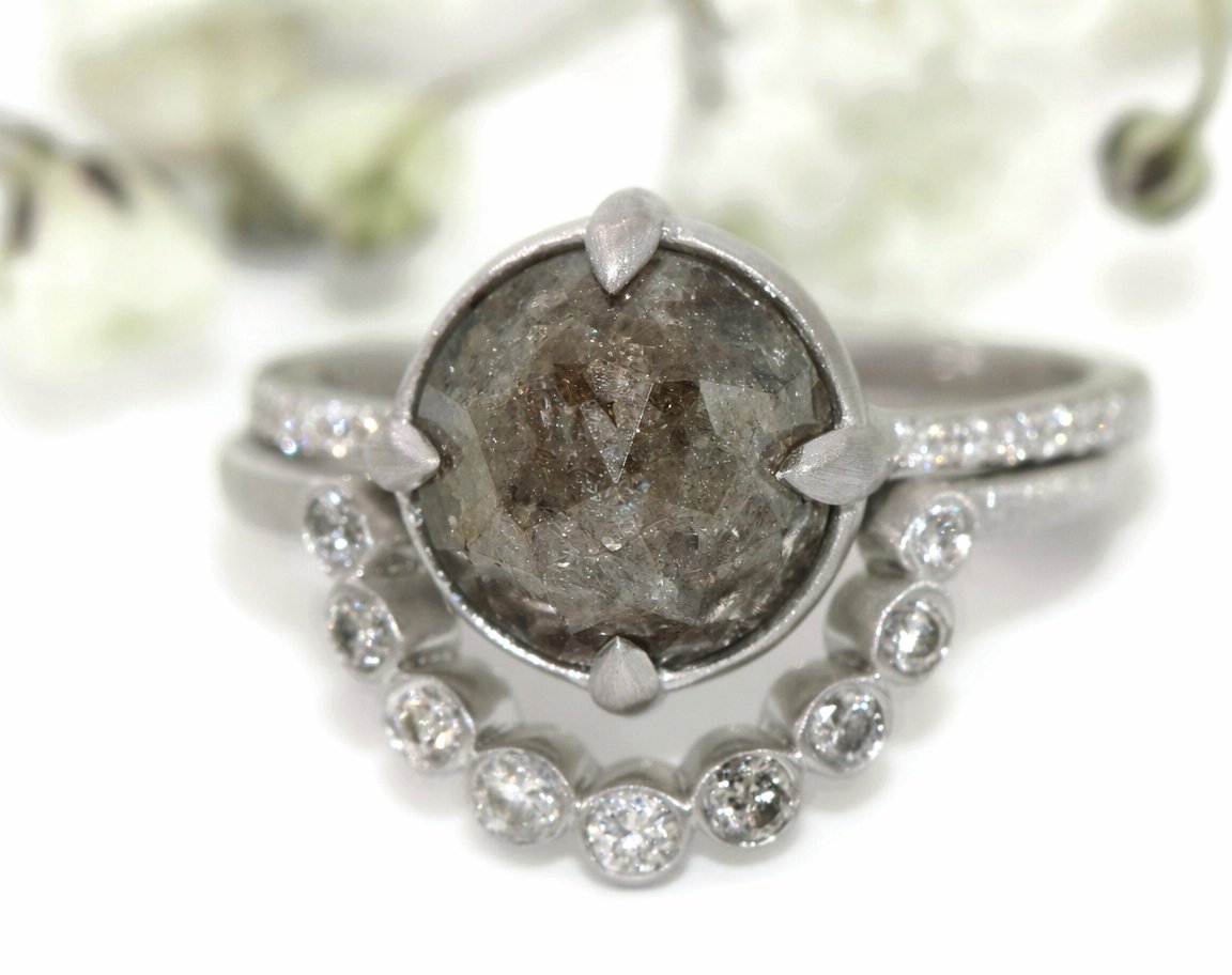 3 carat Rustic Gray Natural Diamond Engagement Rings Set