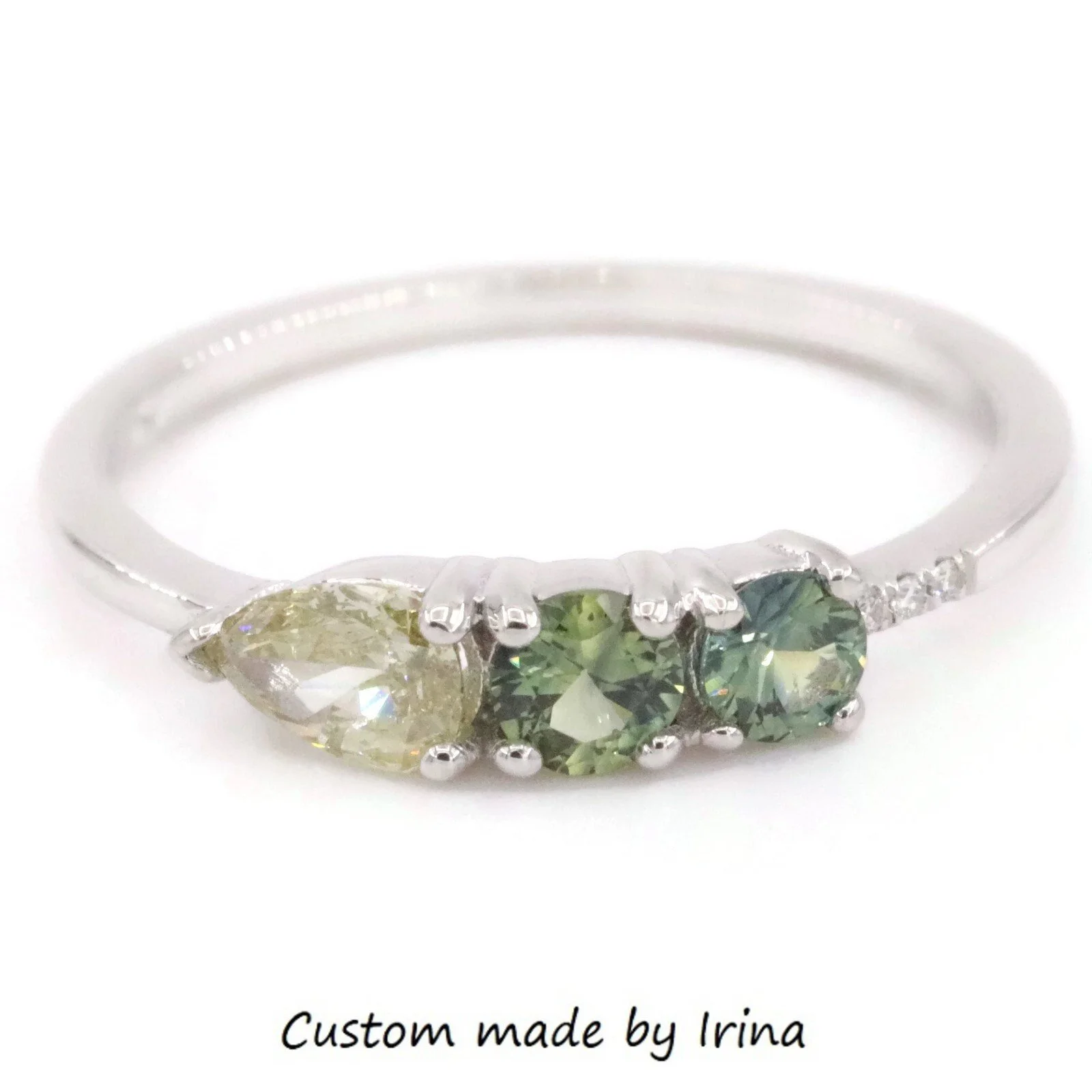 Linear Cluster Green Round Sapphire + Yellow Pear Diamond Ring 14k Solid Gold