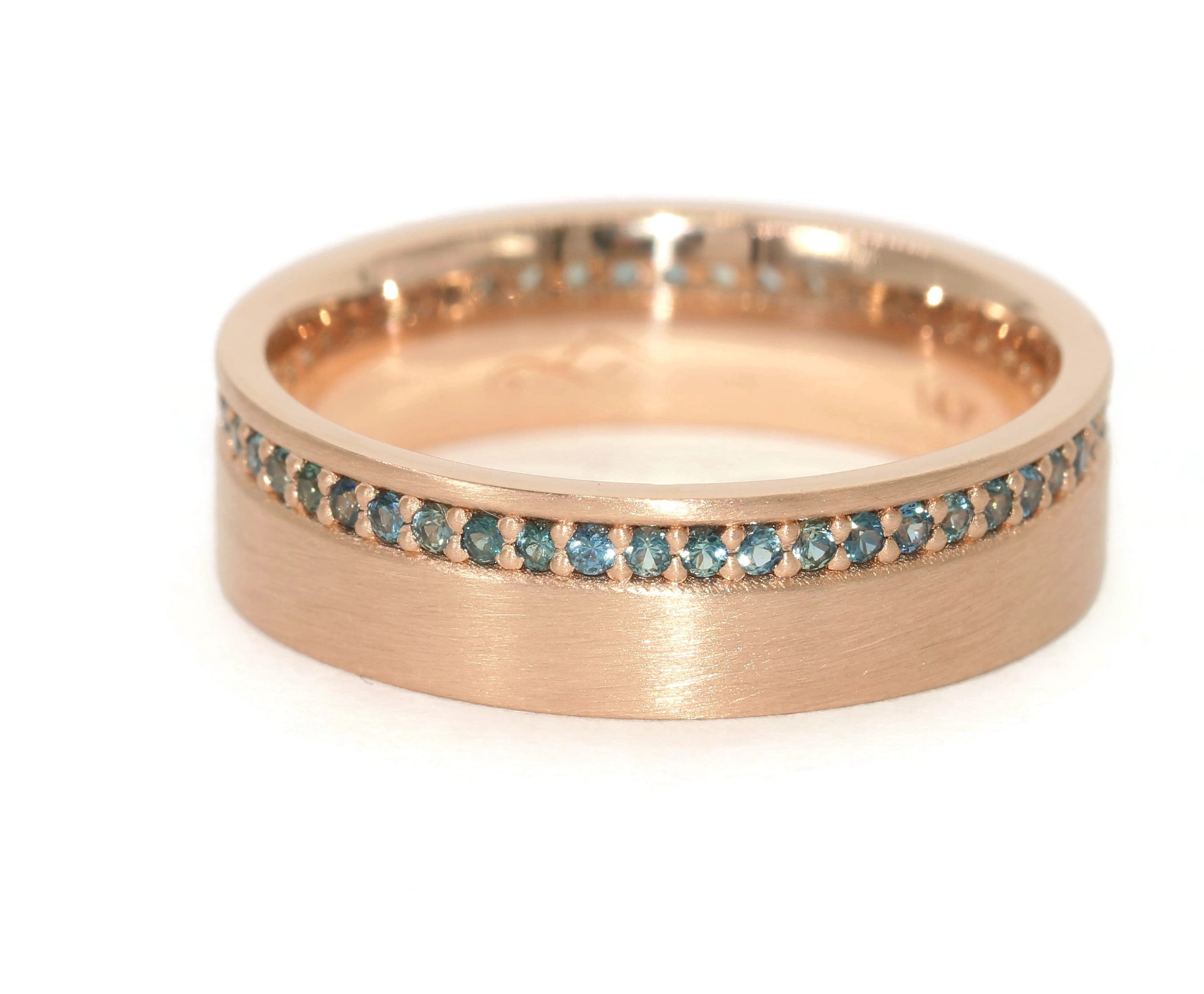 6 mm Men Wedding Ring Unisex with Offset Natural Blue Green Sapphires