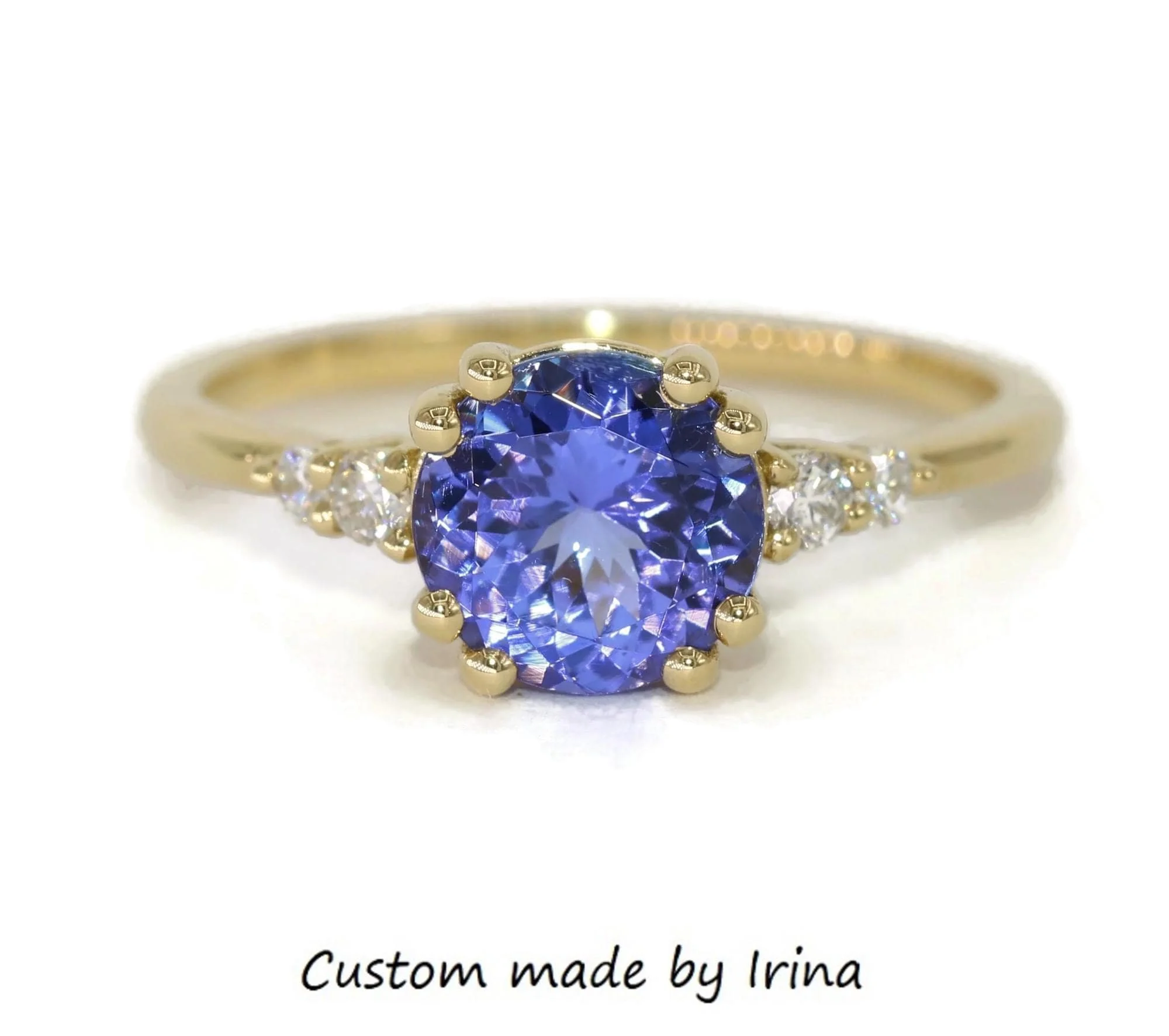 Custom 5 Stone 1.3 carat Natural Tanzanite and Diamond Engagement Ring 14k Solid Gold