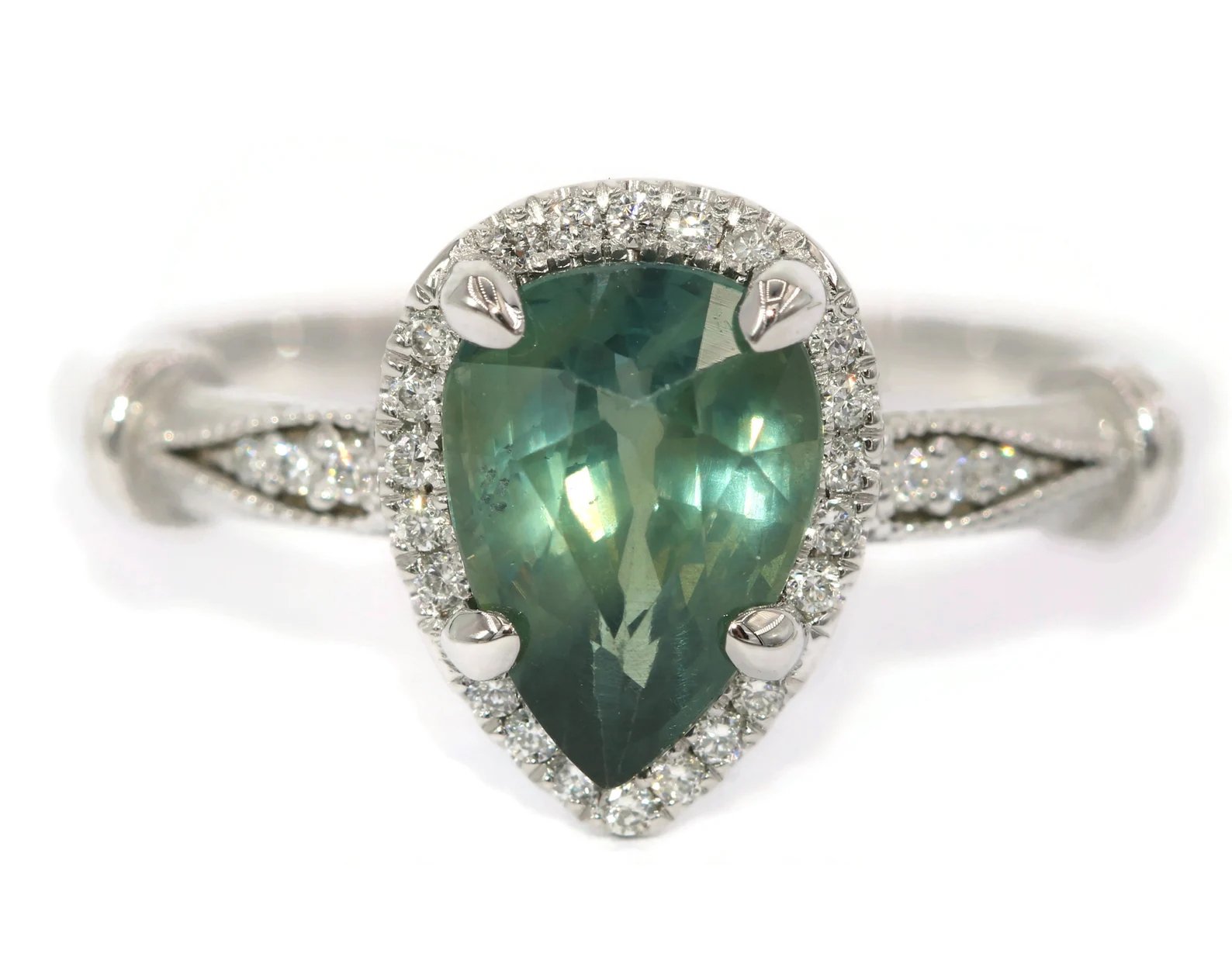 Diamond Halo 2 ct Teal Green Pear Natural Sapphire Engagement Ring