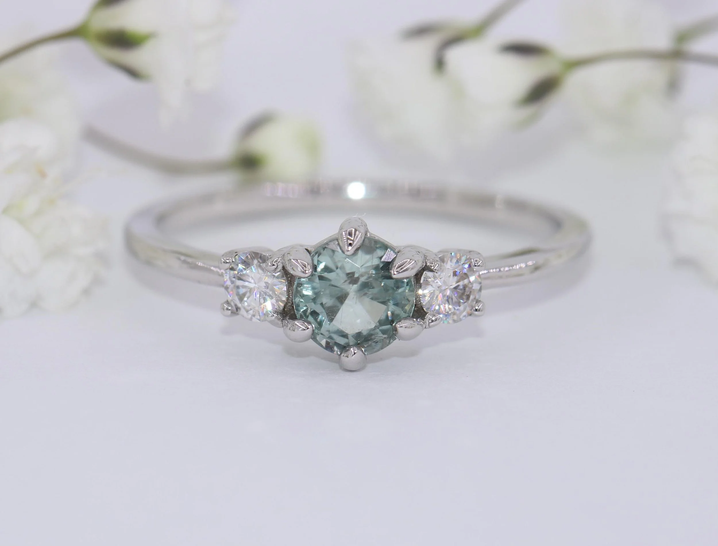 Pastel Blue Unheated Natural Montana Sapphire Three Stone Ring 14k Solid Gold