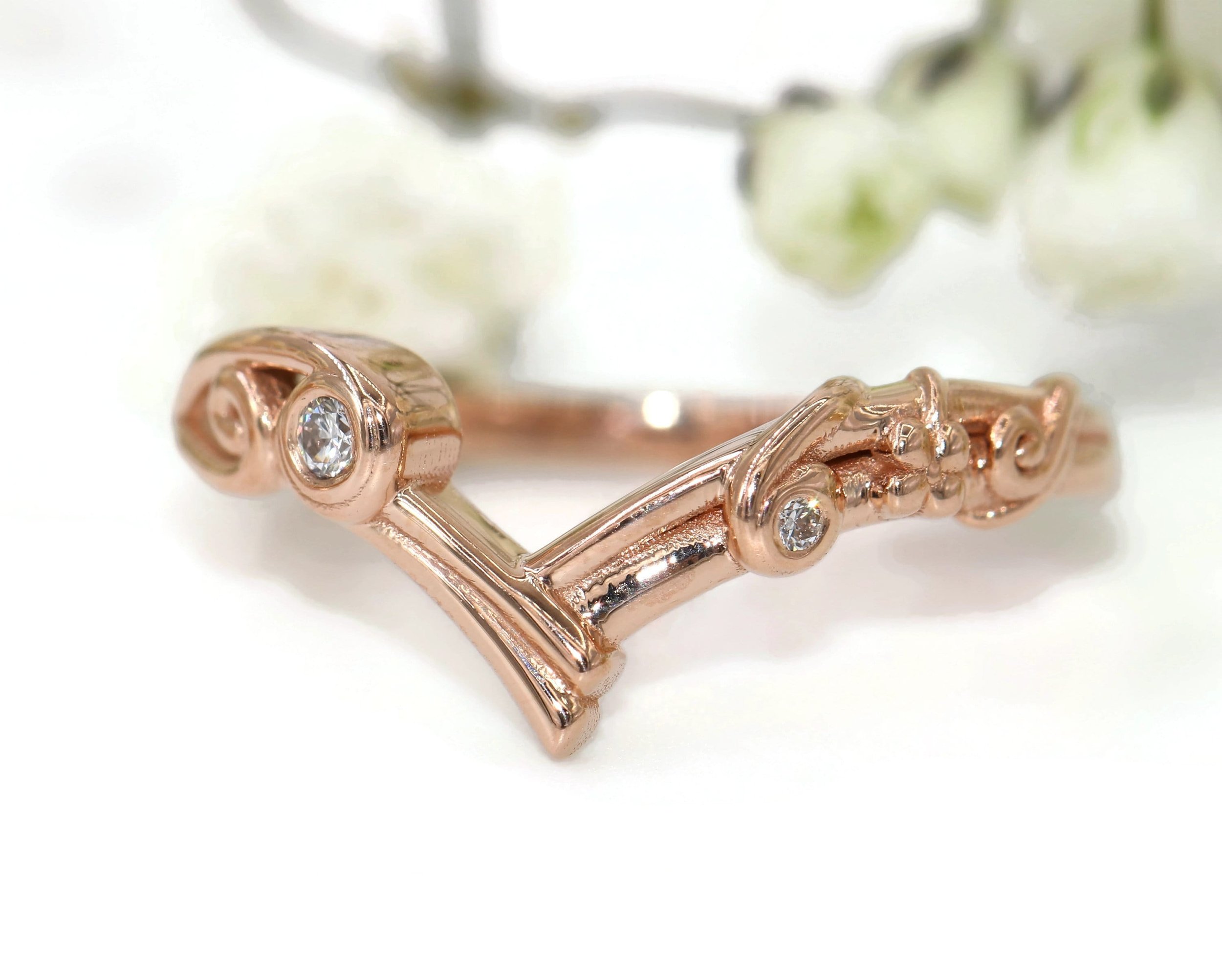 Natural Diamond Scroll Vine Leaf Chevron Wedding Ring