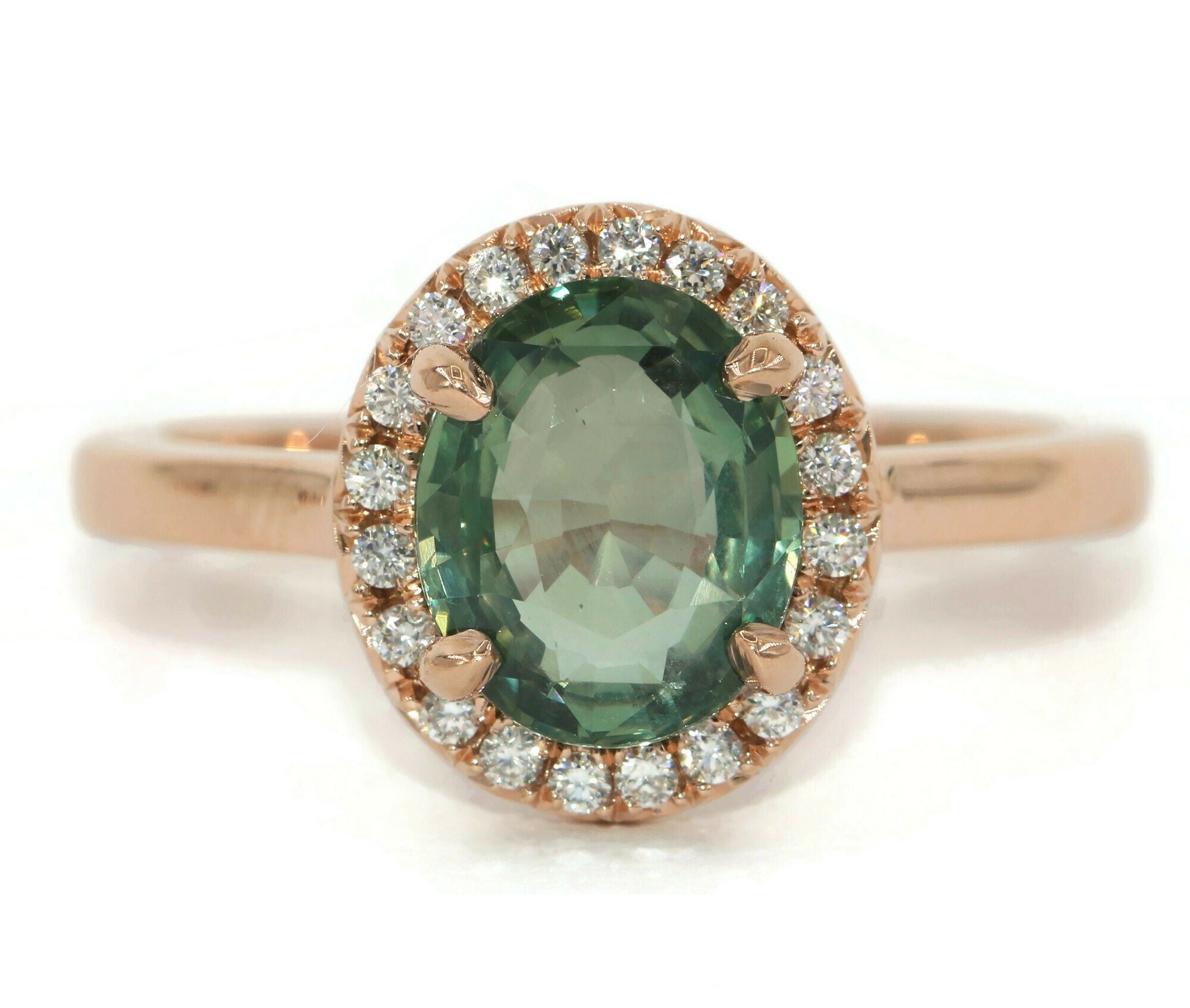 3 carat Oval Green Natural Sapphire Engagement Ring with French Cut Diamond Halo