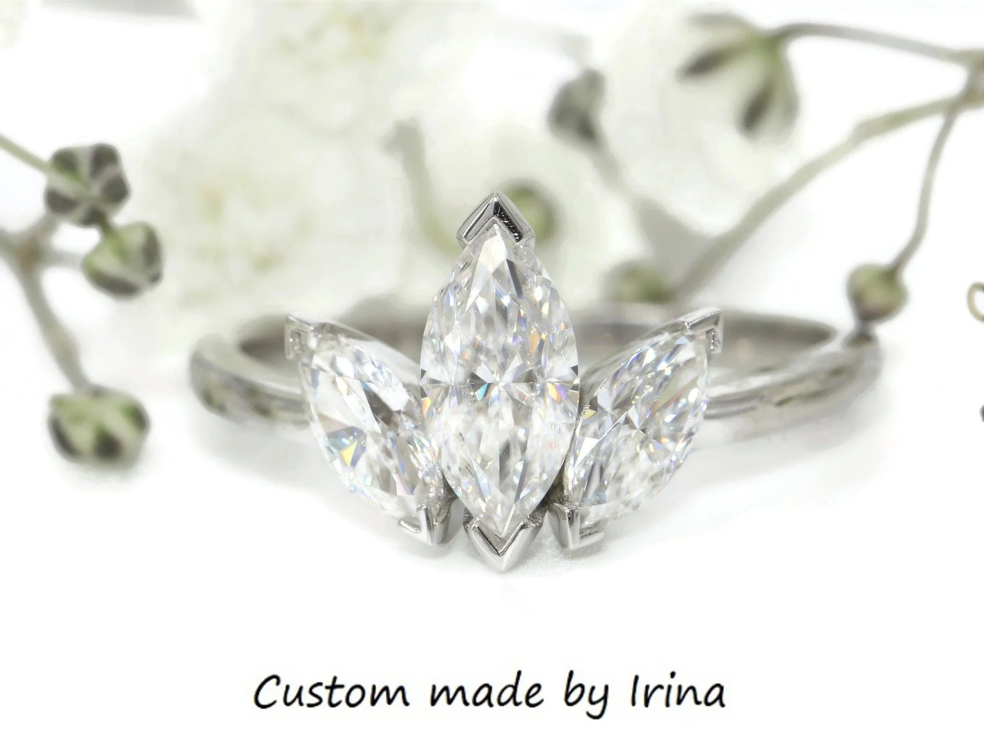 3 Stone Marquise IGI Certified 1.3 ct Lab Diamond Engagement Ring 14k Solid Gold