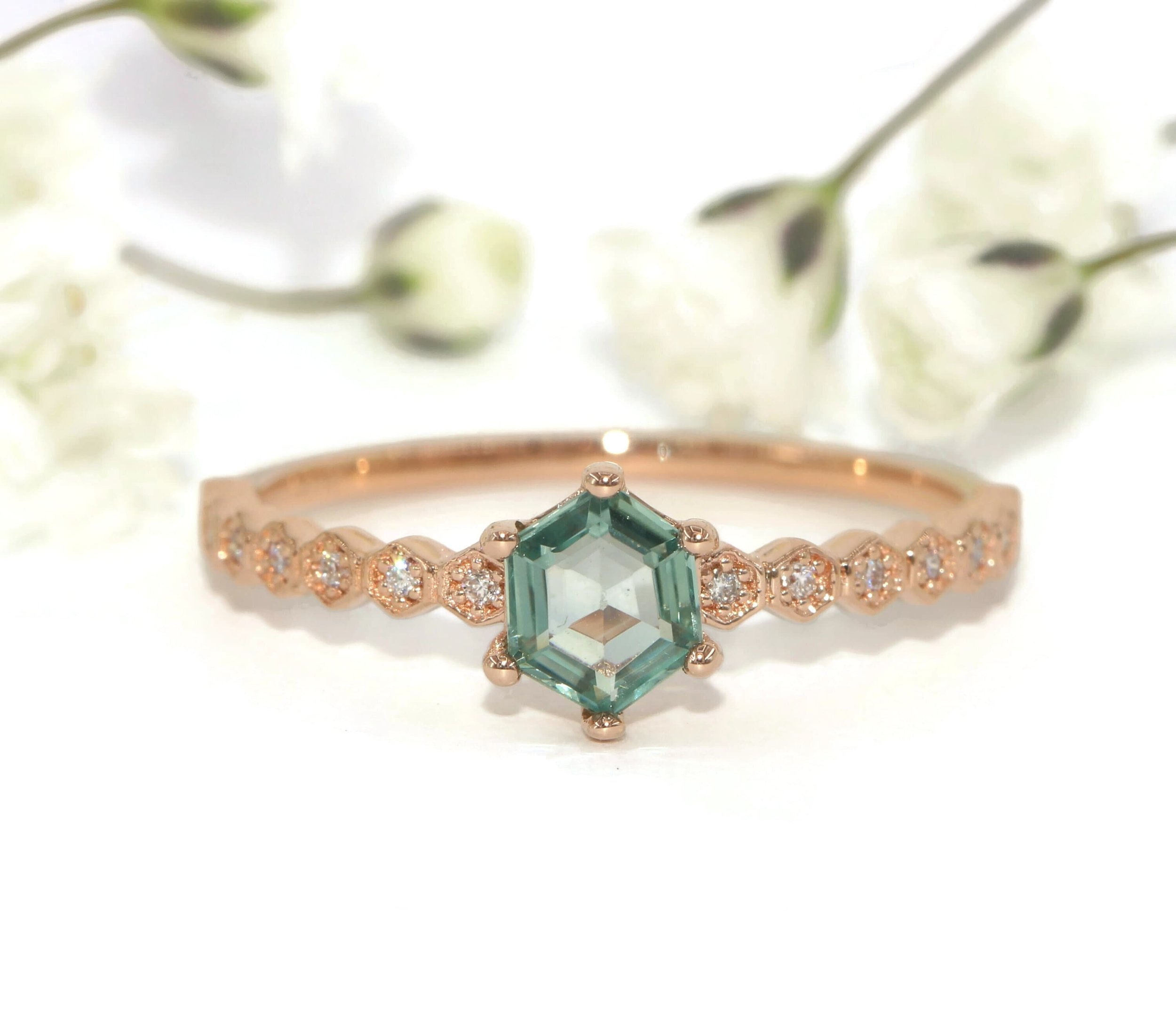Teal Pastel Hexagon Natural Montana Sapphire Honeycomb Ring