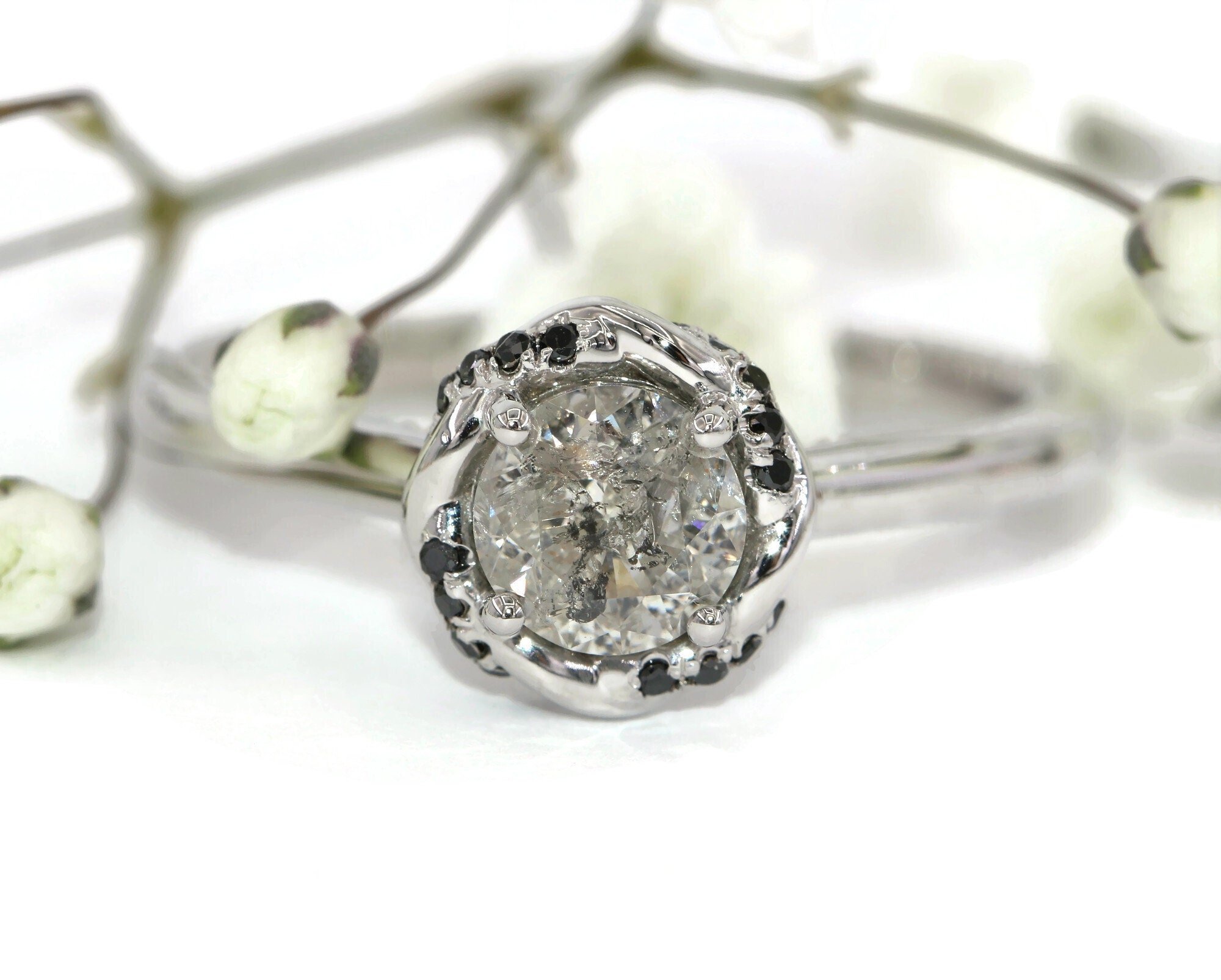 1 ct Salt and Pepper Diamond Rope Strand Halo Engagement Ring Gothic Style