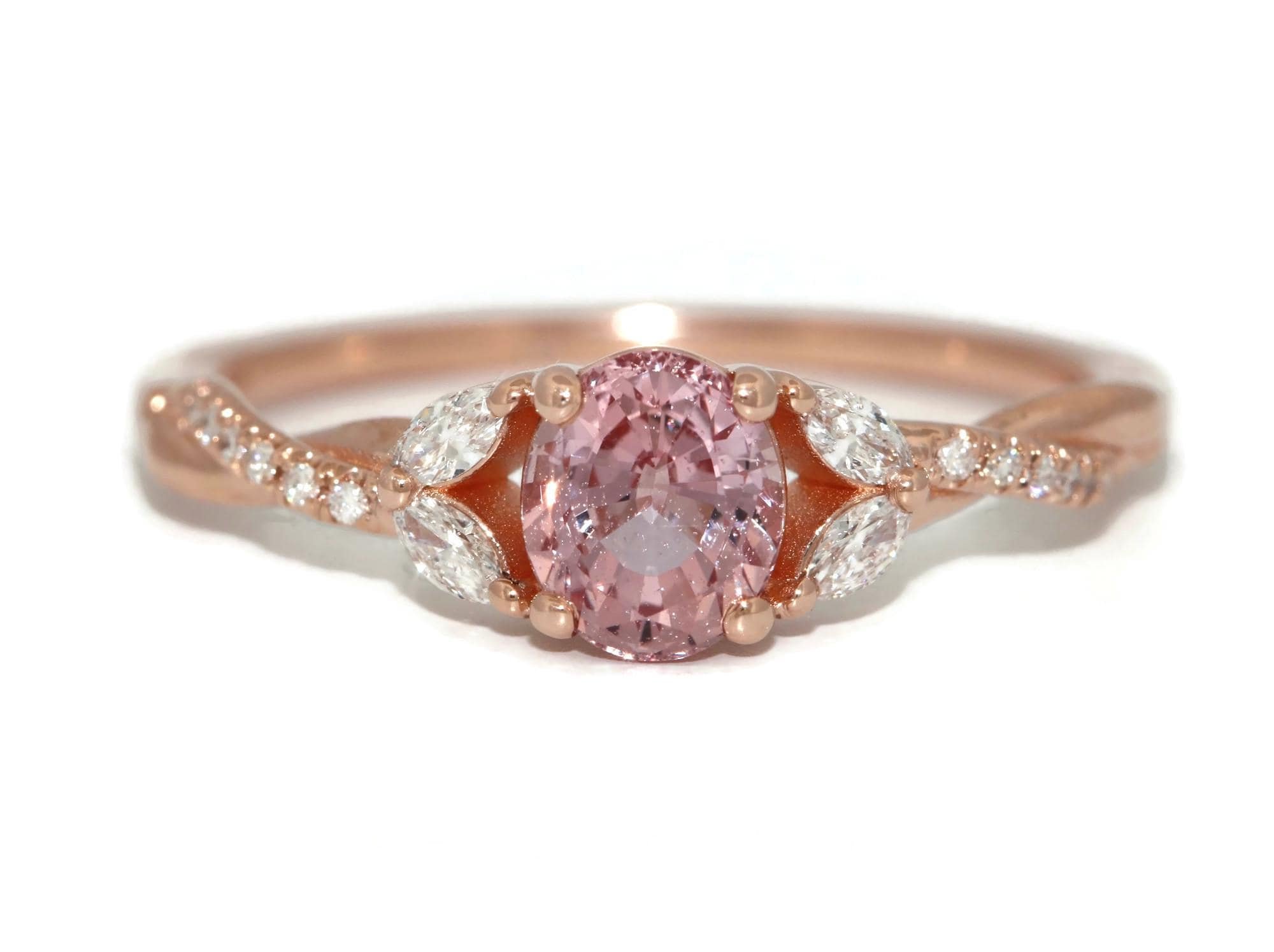 Oval 1 ct Pink Natural Sapphire & Leaf Diamonds Engagement Ring