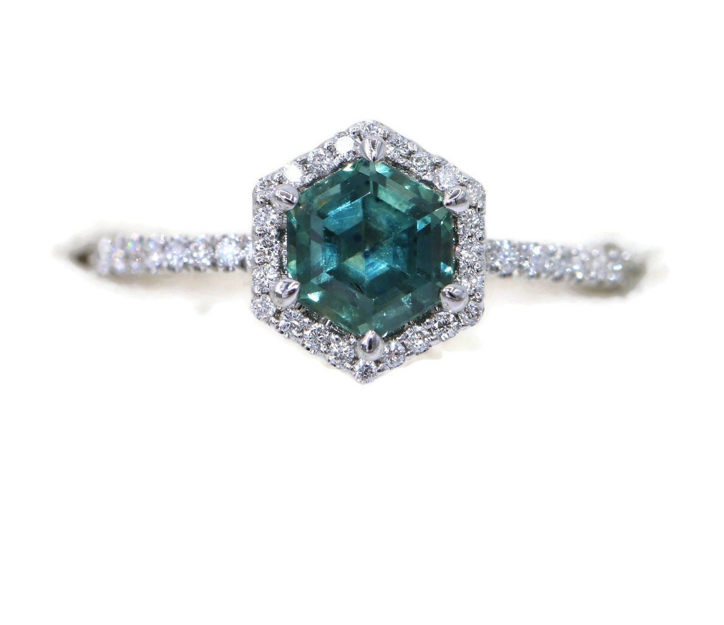 1 ct Teal Blue Green Hexagon Natural Sapphire Diamond Halo Engagement Ring