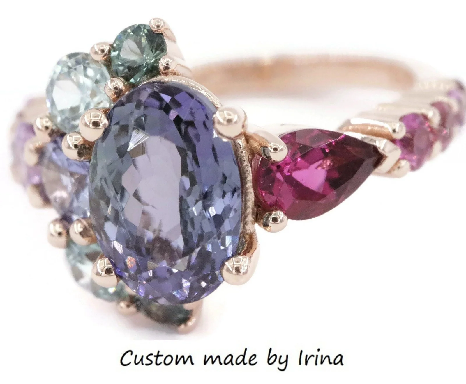 Ombre Half-Moon Crescent Halo 2 ct Oval Natural Tanzanite Cluster 14k Solid Gold Ring