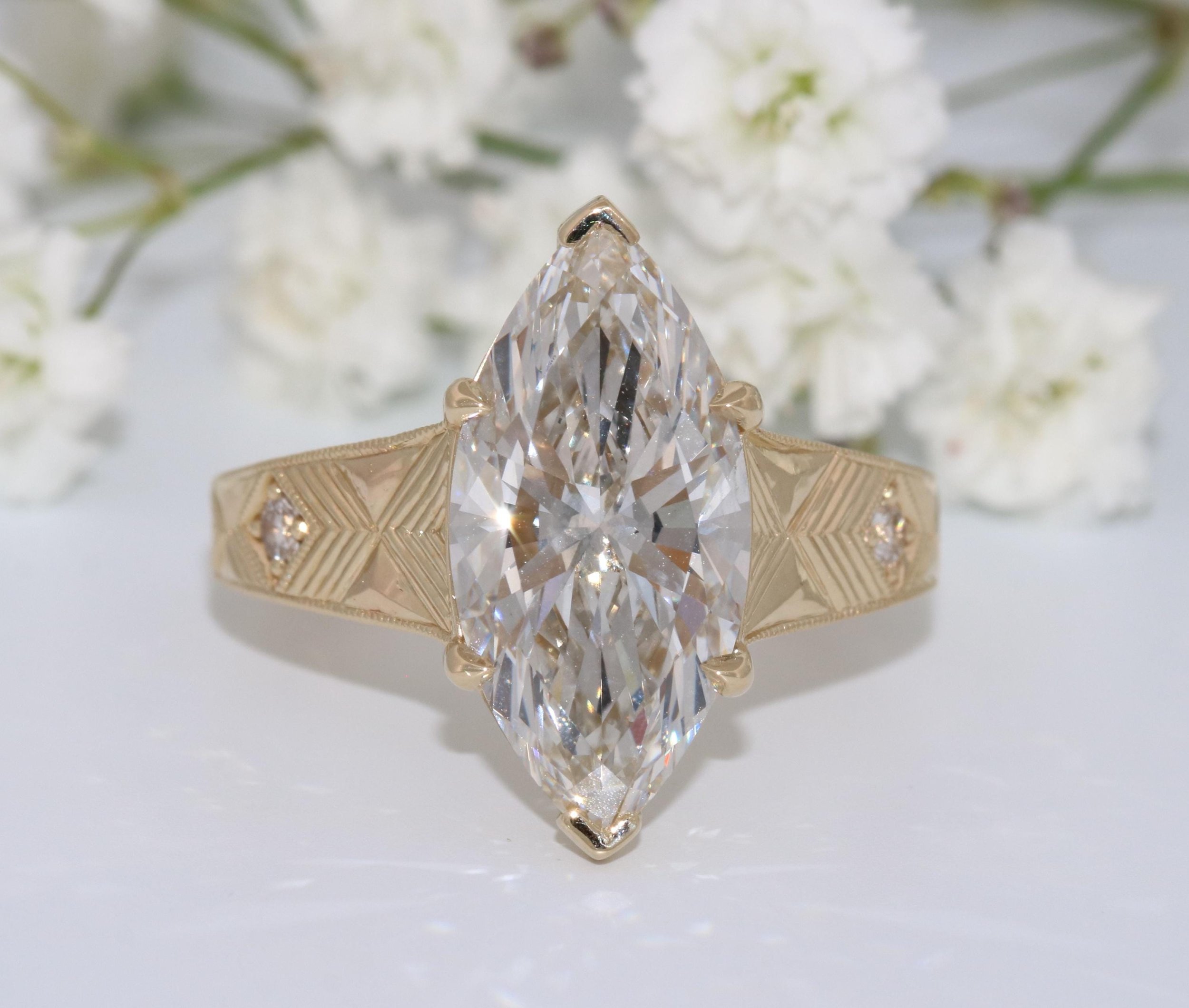 Art Deco 5 ct IGI Lab Diamond Hand Engraved Marquise Ring