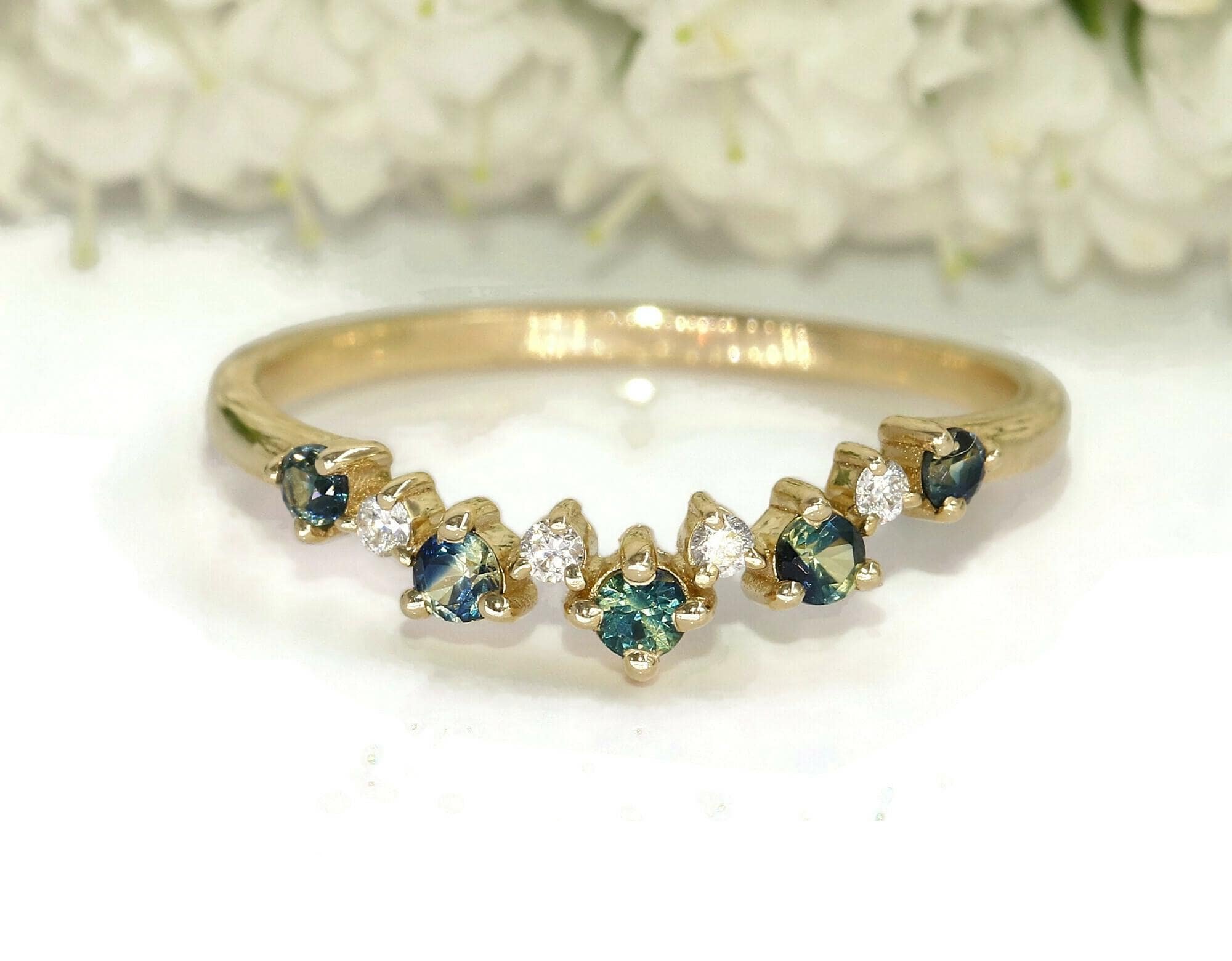 Blue Green Natural Sapphires and Diamonds Curved Cluster Wedding Band