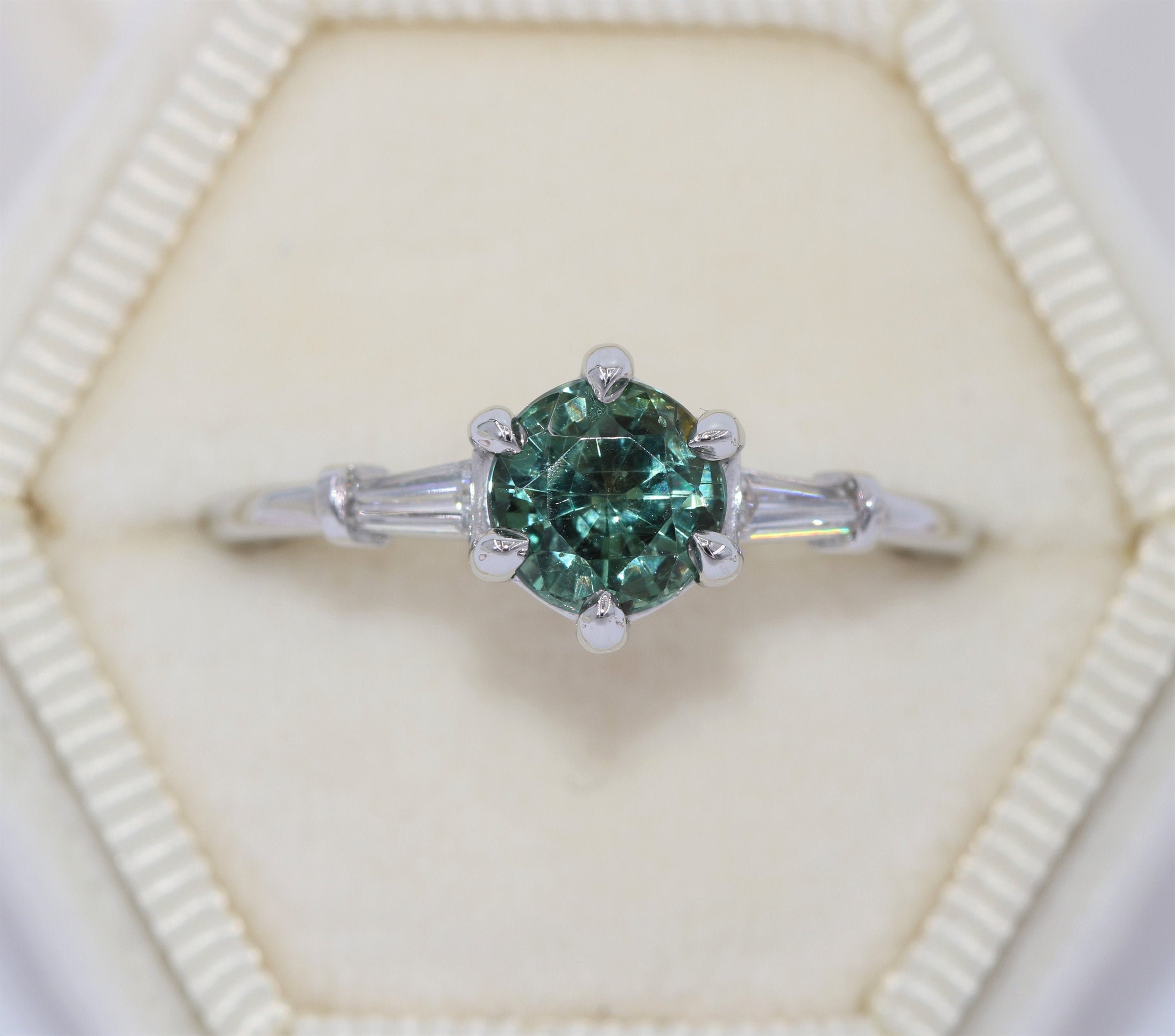 GIA Certified 1.8 ct Unheated Teal Blue Green Montana Sapphire 3 Stone Ring with Baguette Diamonds