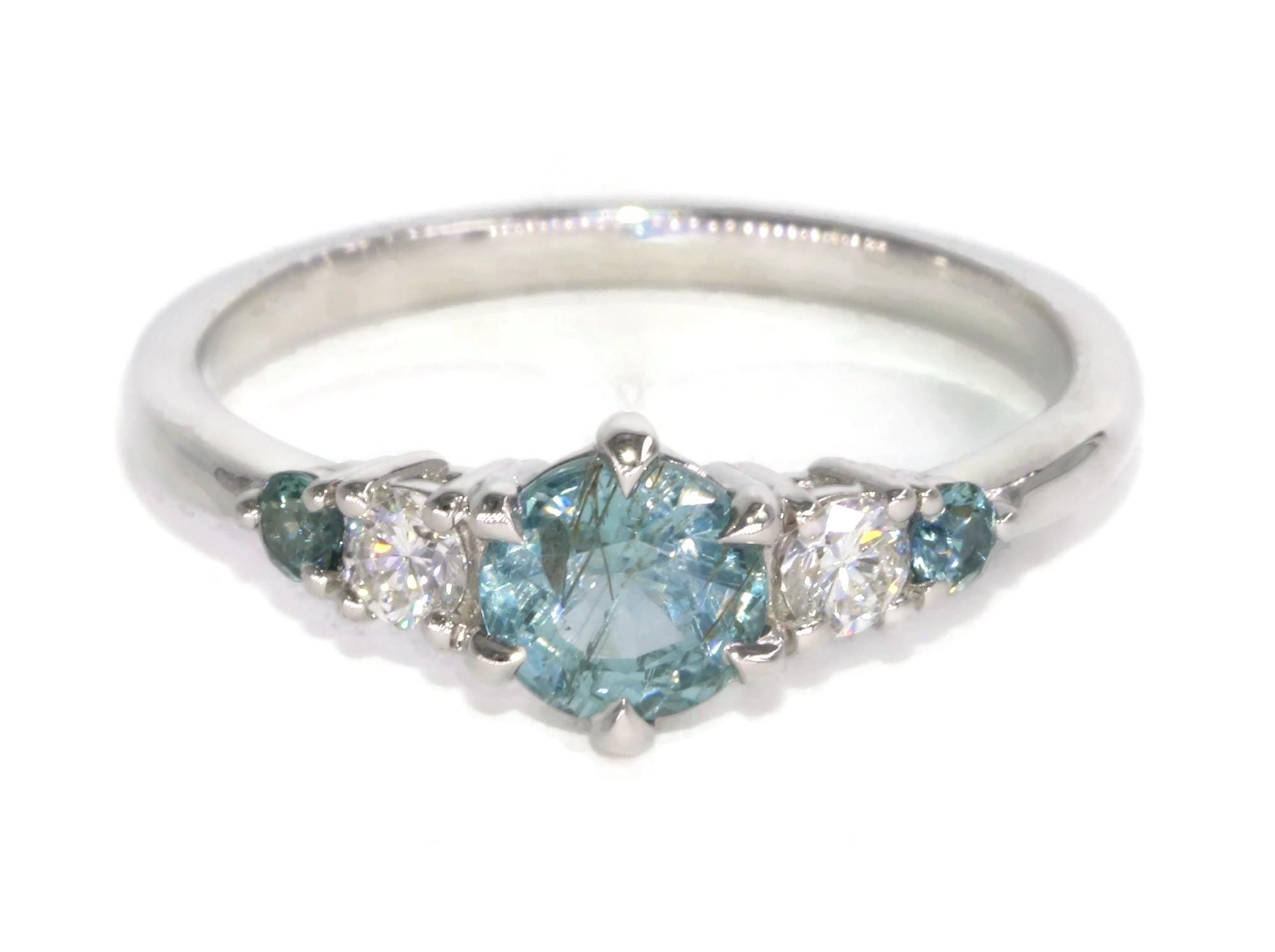 Unheated Teal Blue Natural Montana Sapphire 5 Stone Classic Ring