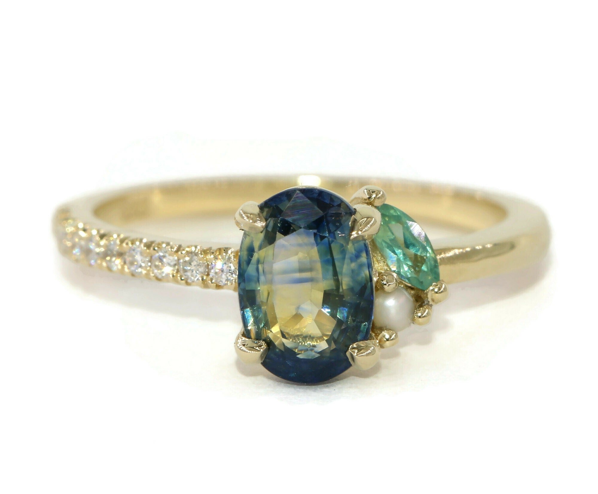 1.3 ct Blue Green Natural Sapphire + Alexandrite + Pearl Cluster Asymmetrical Engagement Ring