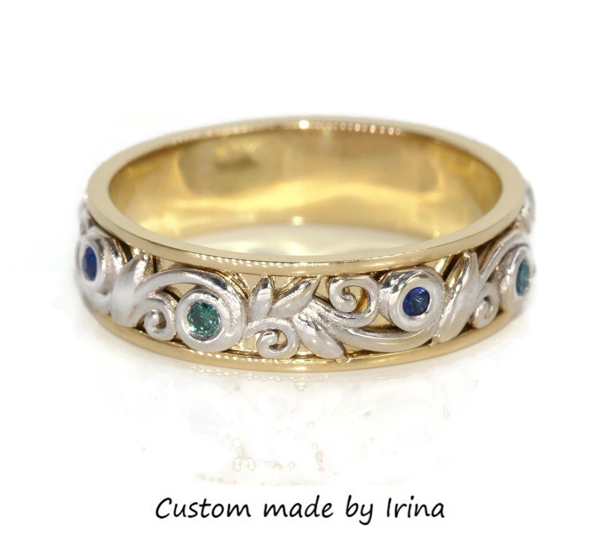 Unisex Nature Inspired Rustic Vine Leaf Scroll Pattern Eternity Ring