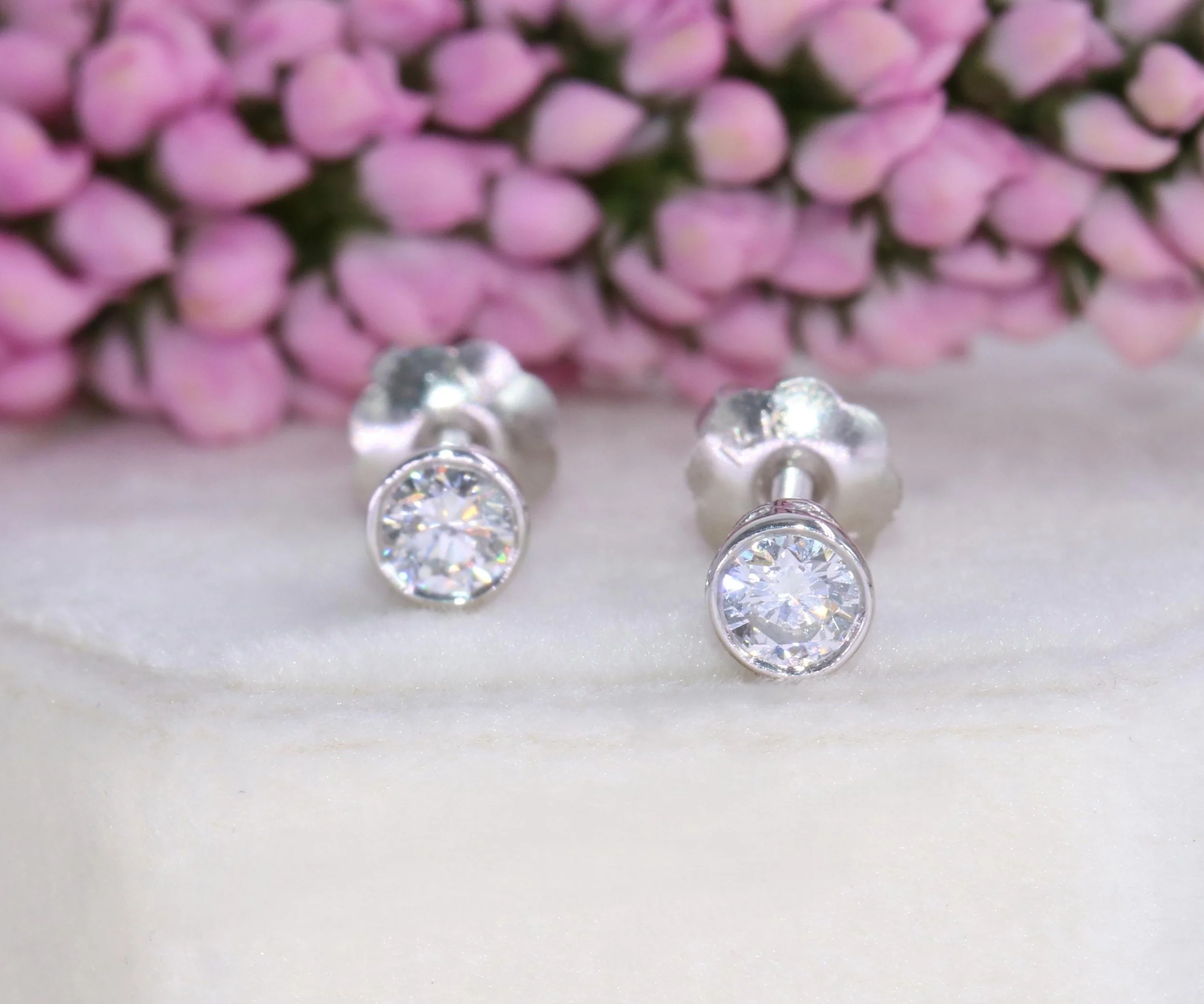 Bezel Lab Diamond Stud Earrings 14k Solid Gold Custom Made 3-6 mm
