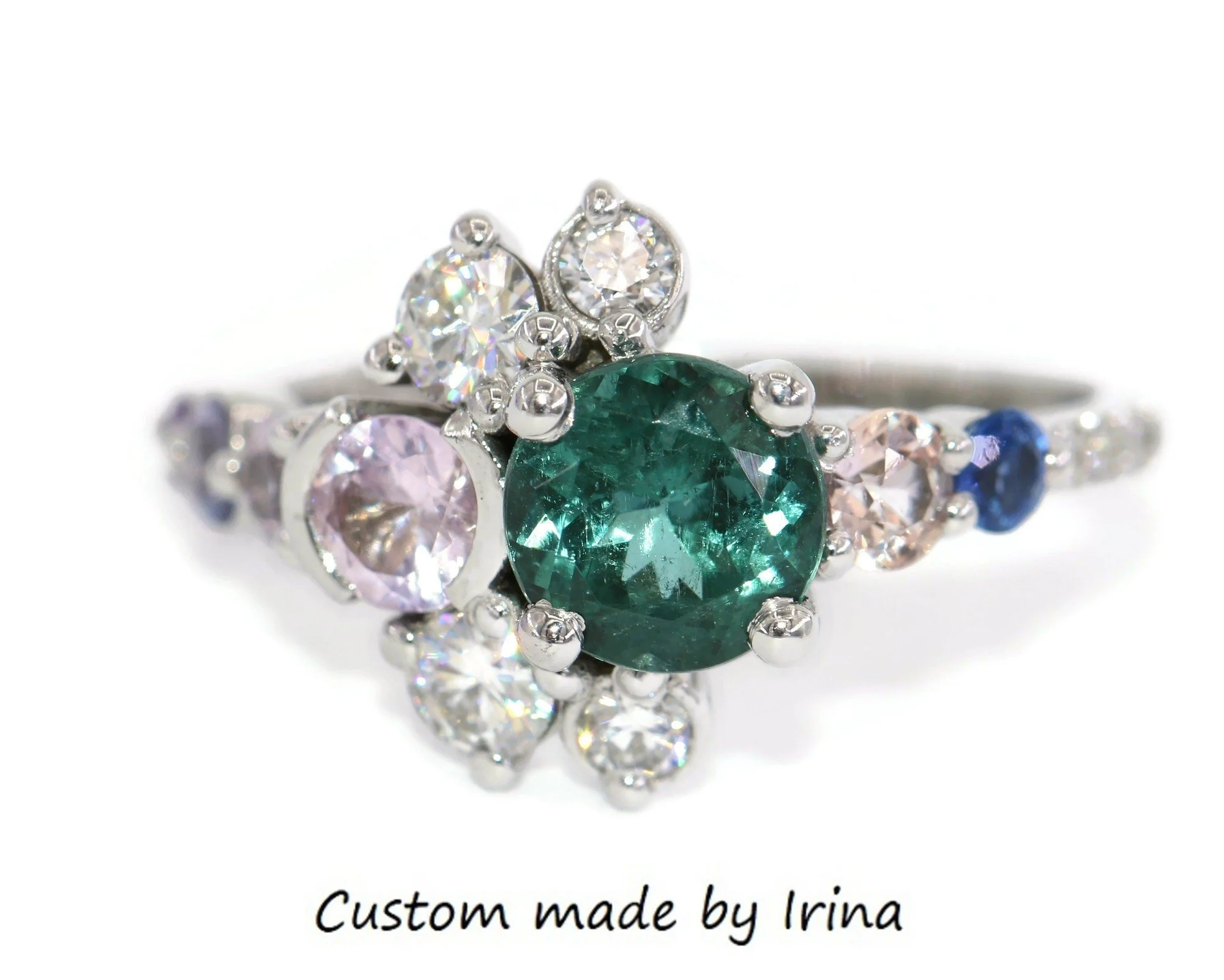 1 ct Blue Green Tourmaline Sun and Moon Cluster Custom 14k Solid Gold Ring