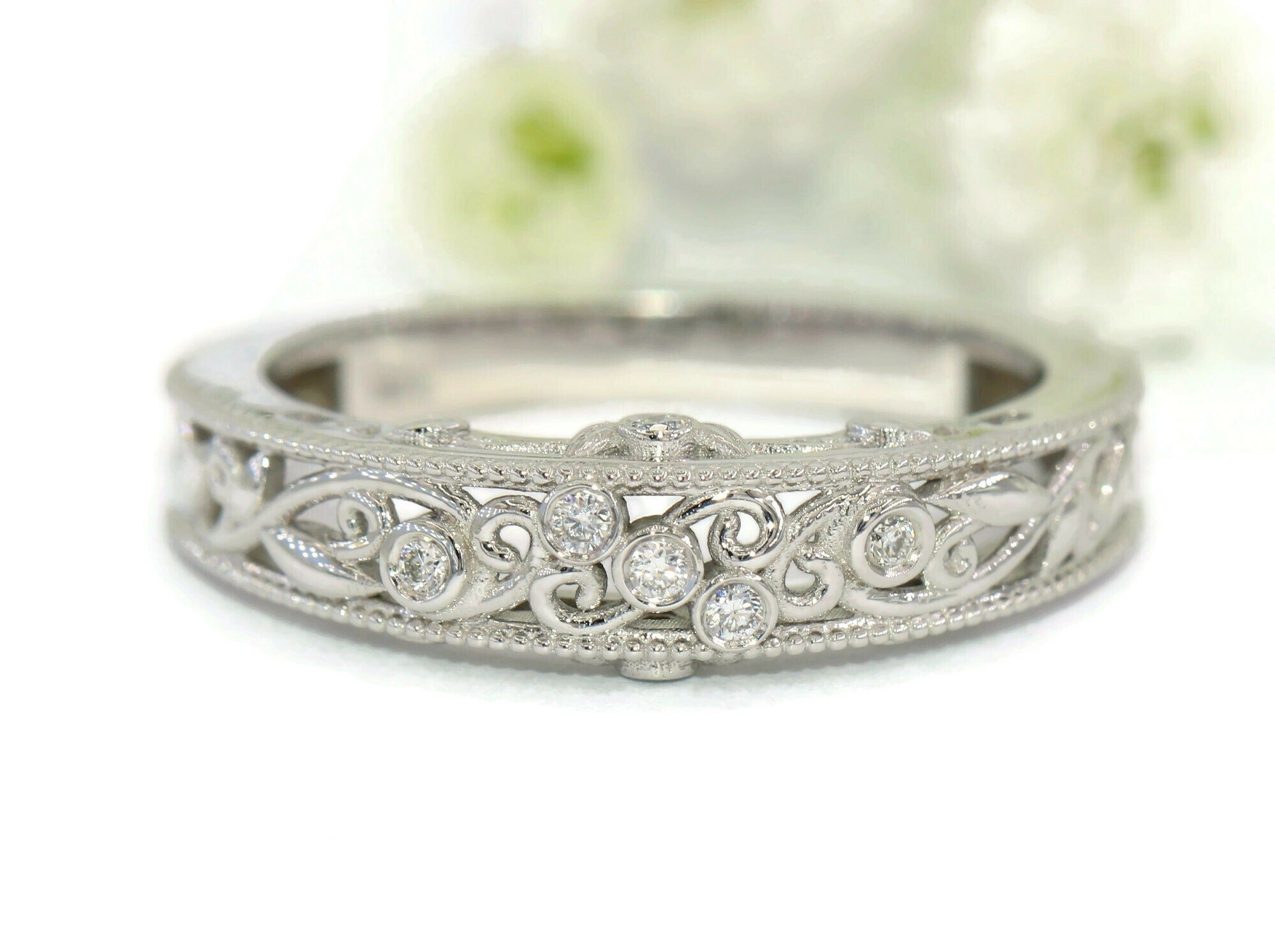 Rustic Vine Leaf Scroll-work Filigree Diamond Wedding Ring Custom Made