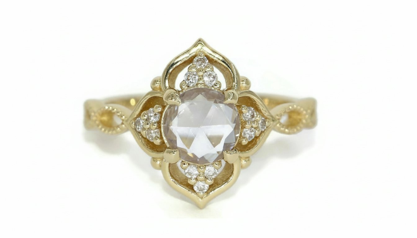 Vintage Inspired Natural White Sapphire + Diamonds Engagement Ring