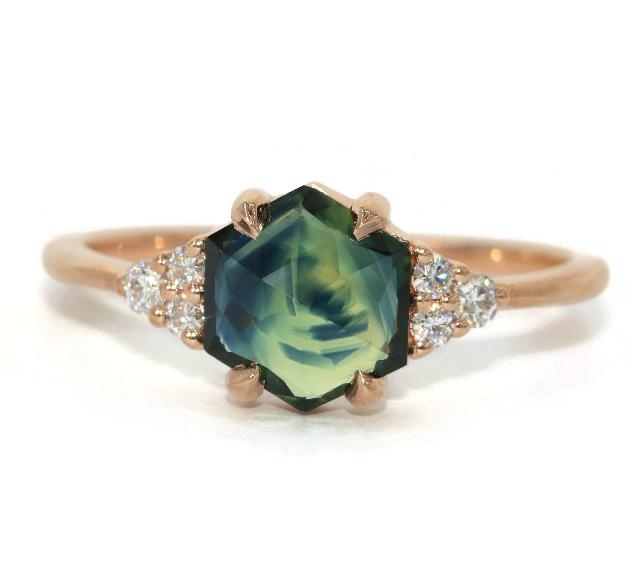 1.5 carat Hexagon Blue Green Parti Natural Sapphire Engagement Ring