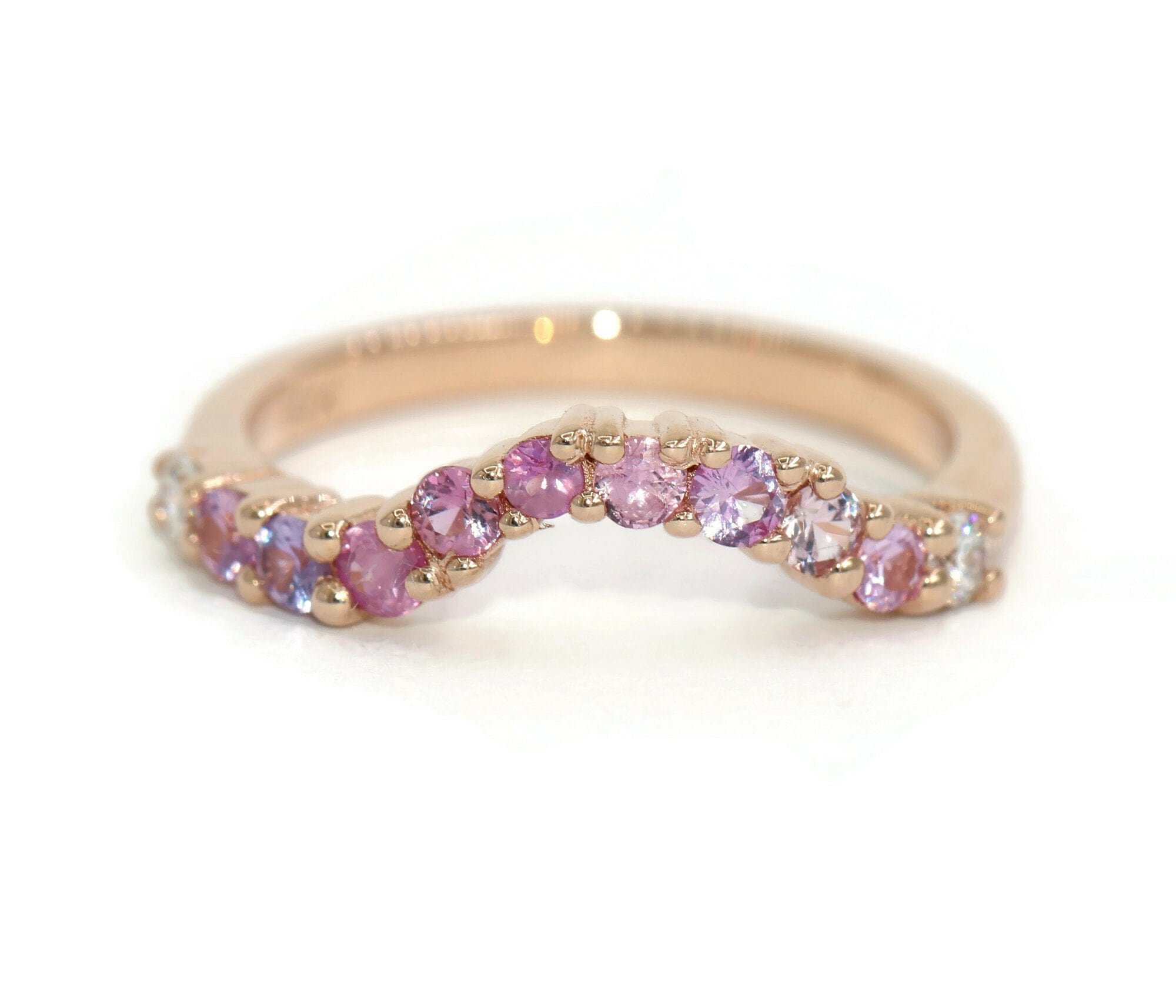 Pink Ombre Cluster Sapphire and Diamonds Curved Wedding Band