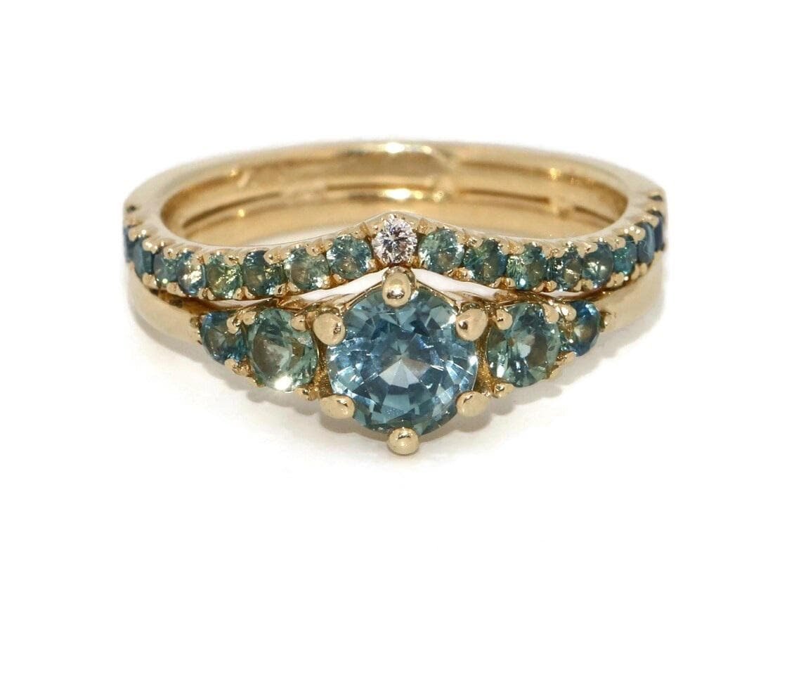 Ombre Blue Green Natural Sapphires and Diamonds Flair Wedding Band