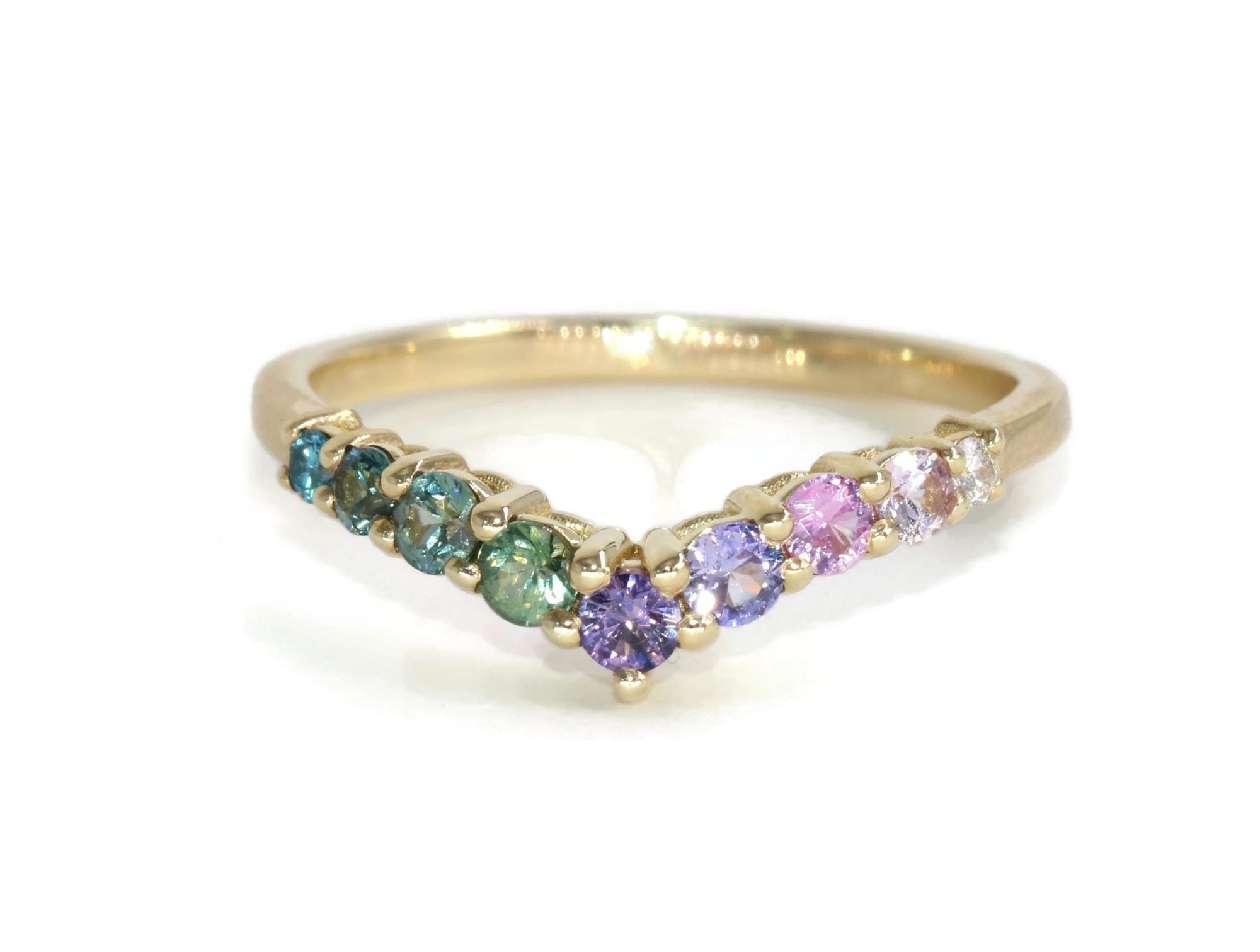 Pink Purple Green Teal Blue Ombre Cluster Sapphires and Diamond Flair Ring