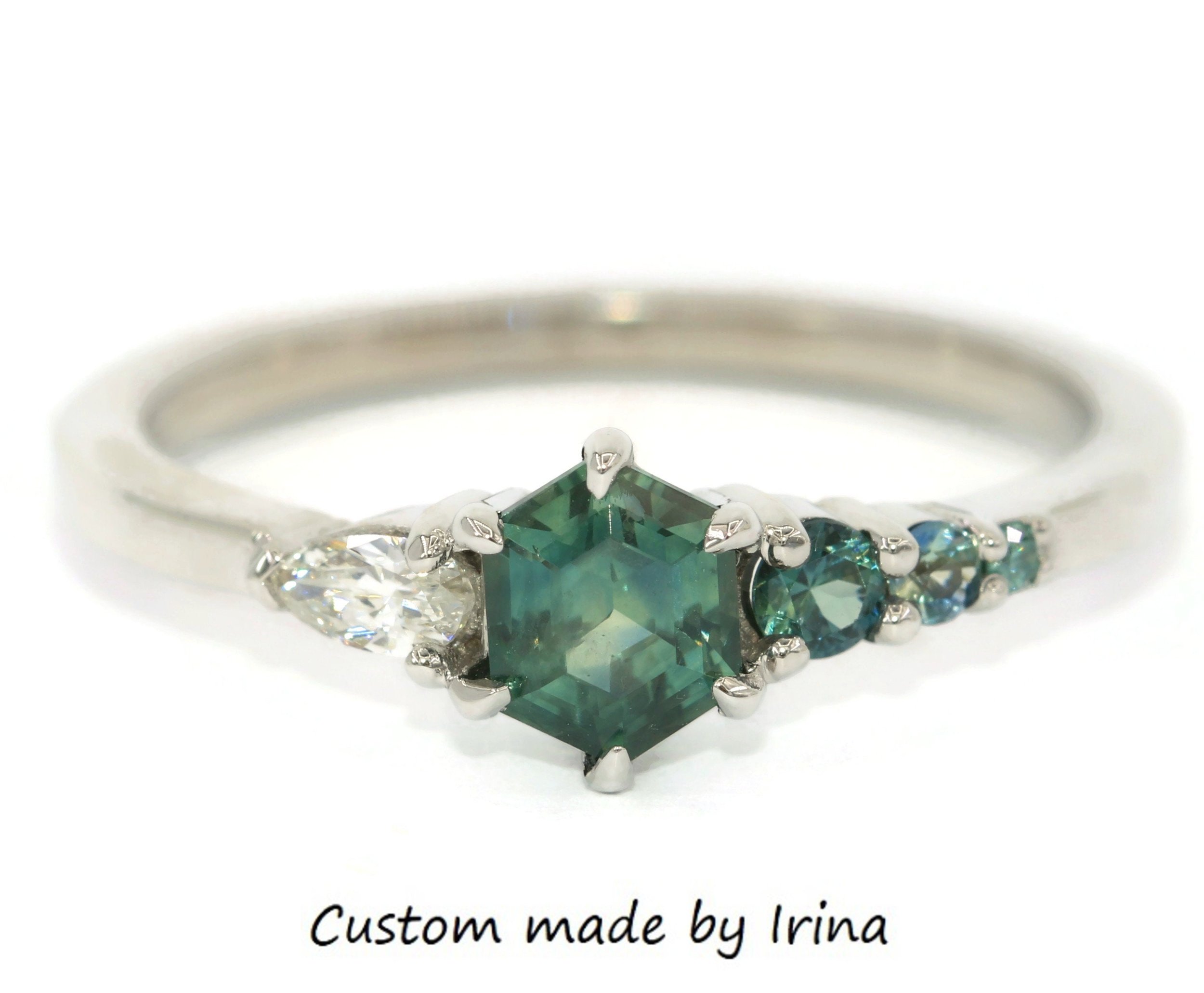 1 ct Hexagon Blue Green Natural Sapphire and Pear Diamond Ombre Cluster Engagement Ring