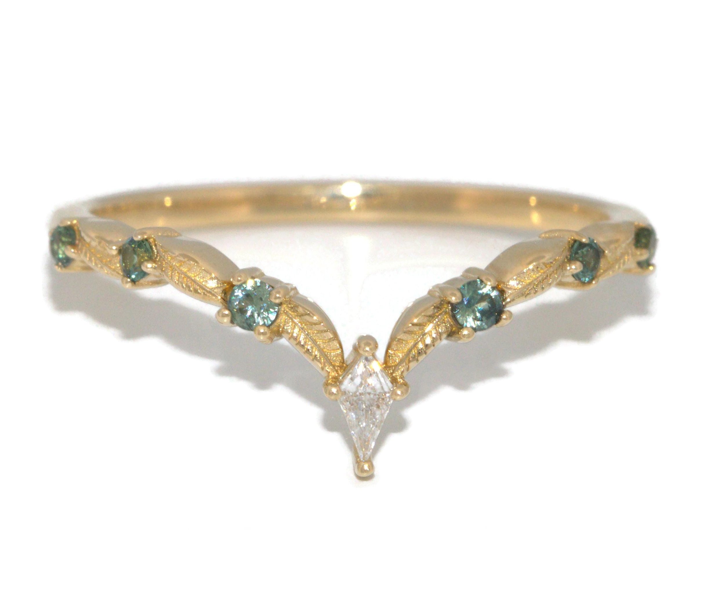 Kite Natural Diamond Stunning Flair Leaf Blue Green Sapphire Ring