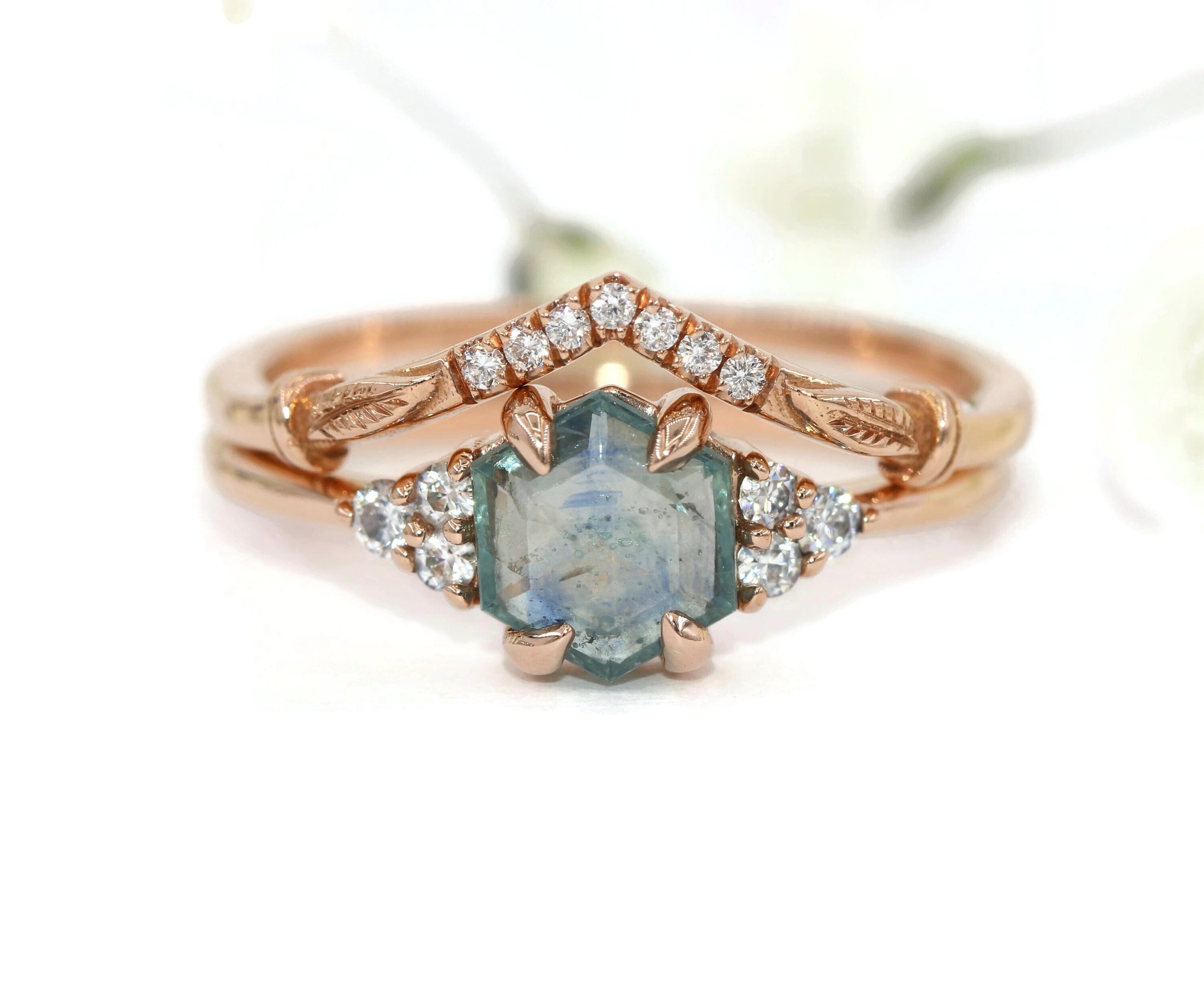 Unheated Hexagon Natural Montana Sapphire + Natural Diamonds Engagement Ring