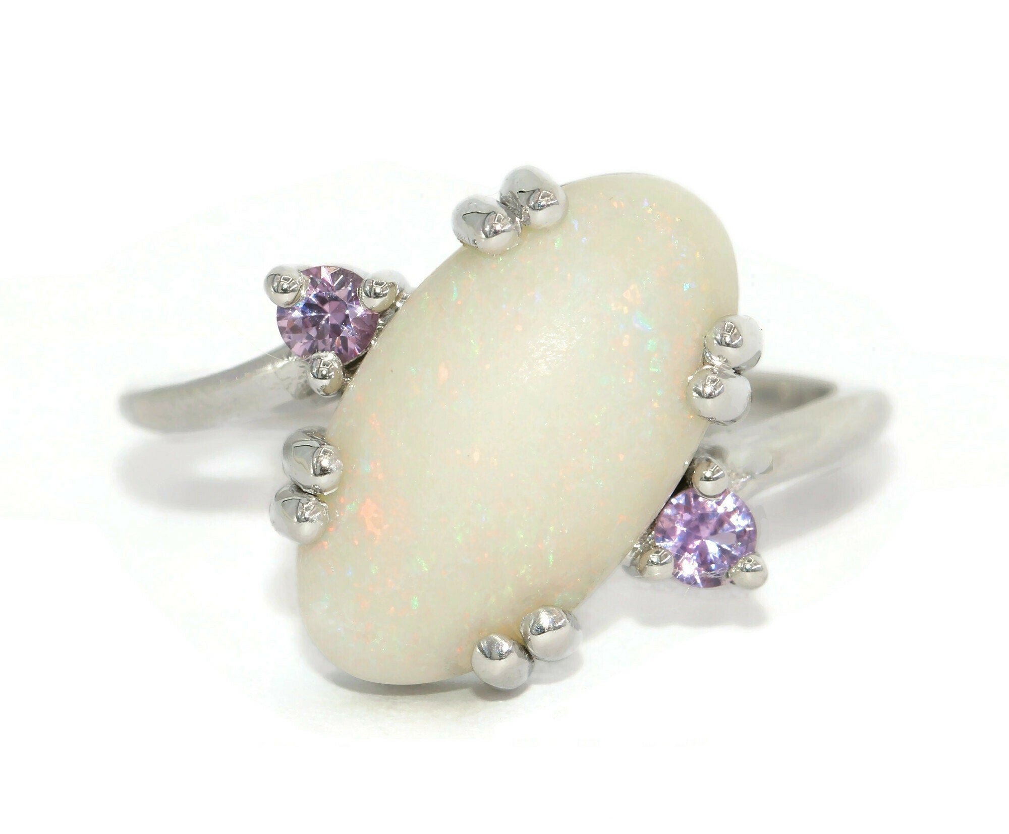 Bypass Three Stone 2 carat Natural Opal + Pink Sapphires 3 Stone Ring