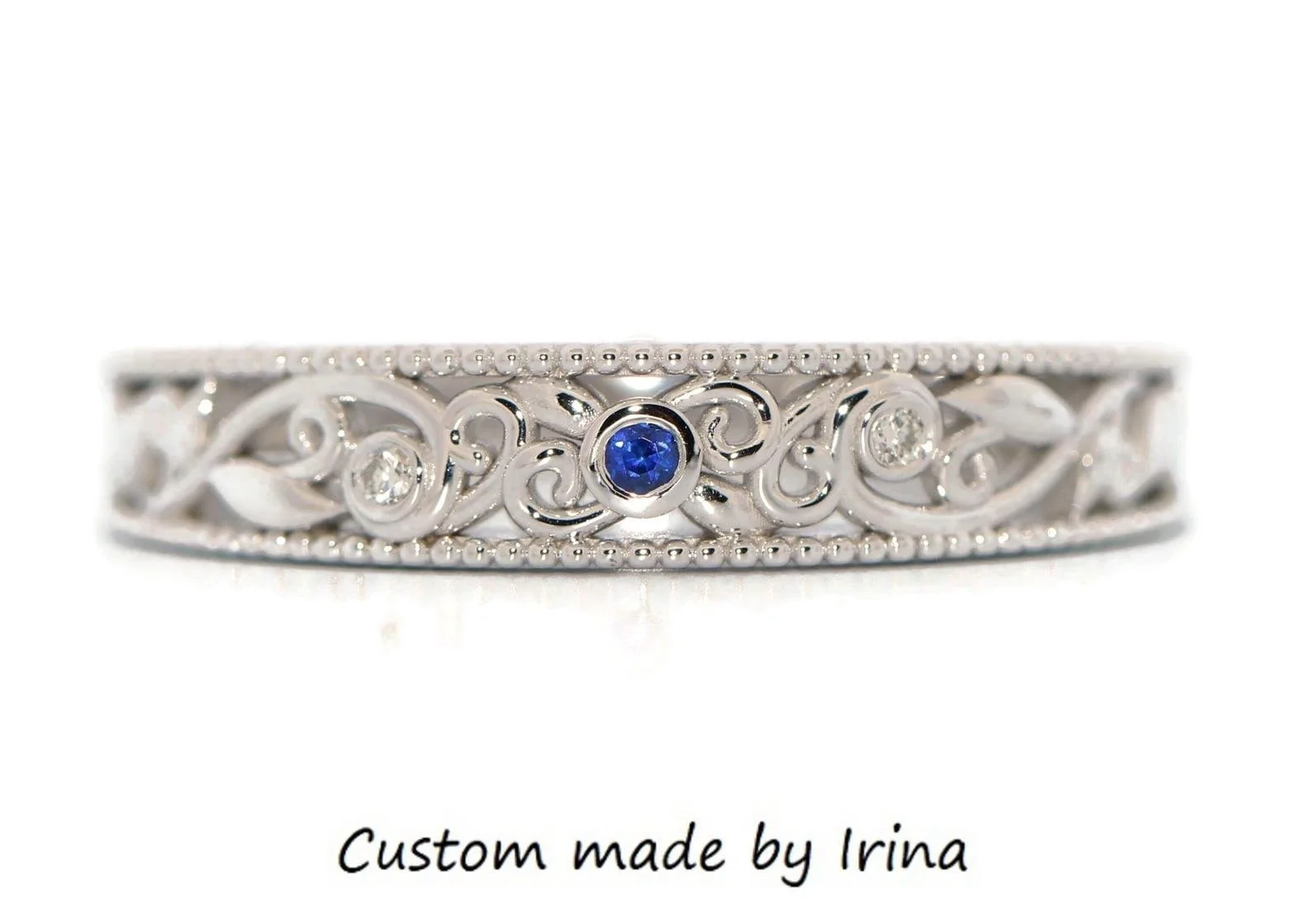 Lace Filigree Scrollwork Diamond + Sapphire Wedding Band 14k Solid Gold