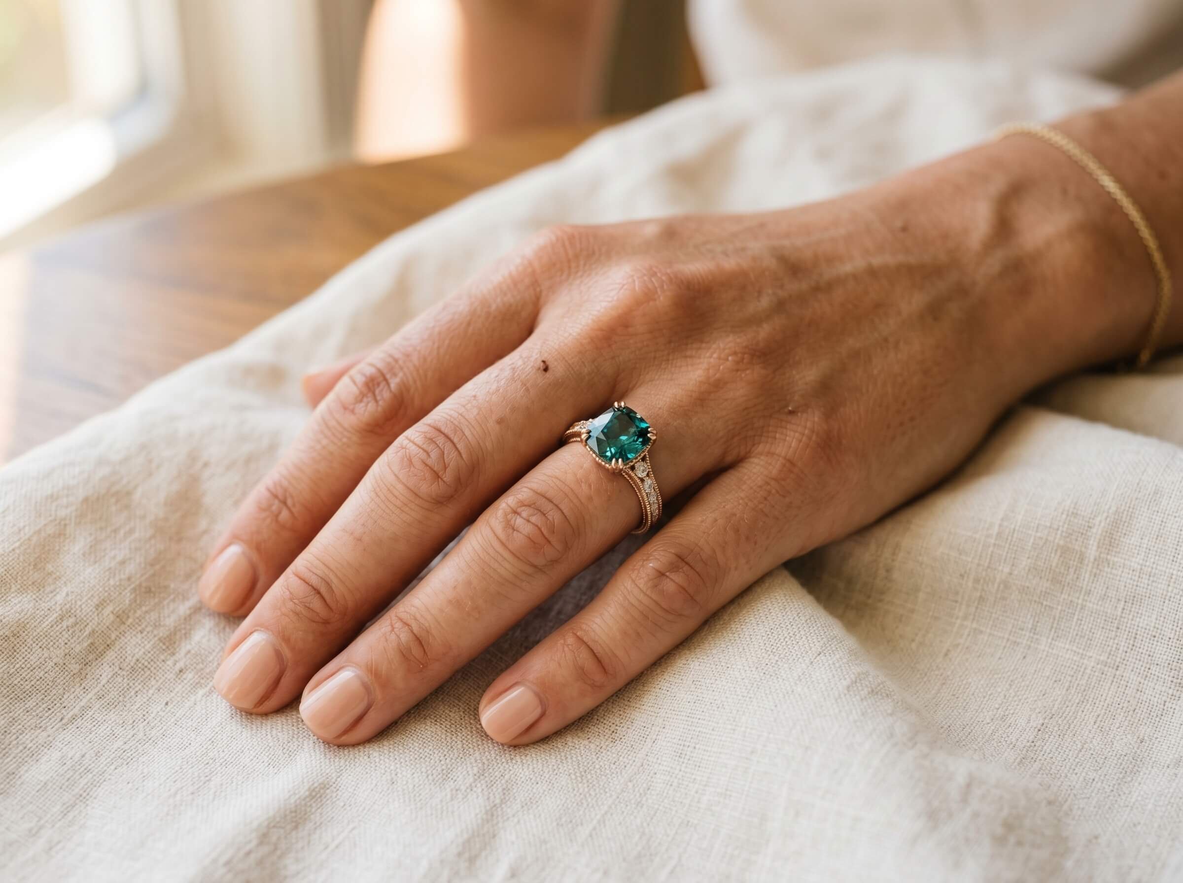 Round teal sapphire solitaire engagement ring in rose gold worn on model's hand against linen fabric in natural light