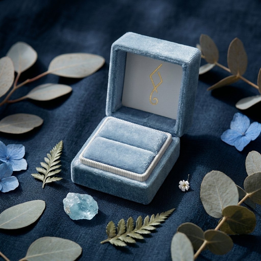 An open blue velvet jewelry box with a gold emblem inside, surrounded by dried leaves, small blue flowers, a fern leaf, and a blue gemstone on a dark fabric background.
