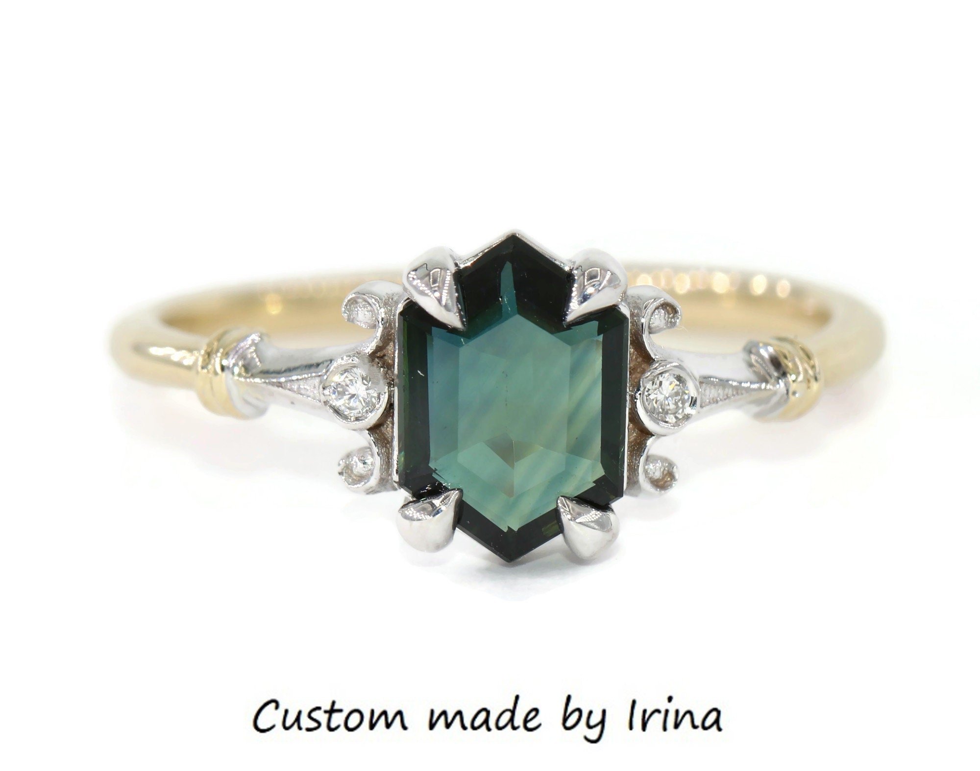 Vintage Inspired 1 carat Hexagon Parti Blue Green Natural Sapphire Ring Custom Made