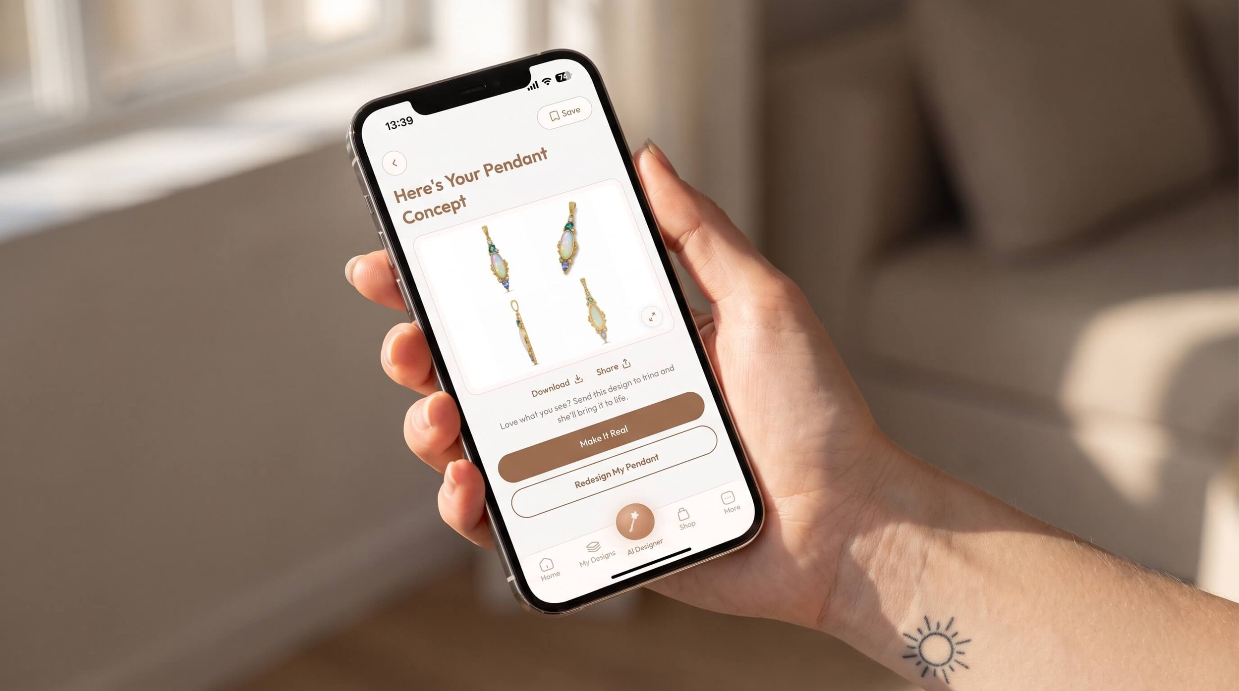 Hand with a small sun tattoo holding a phone showing four AI-generated opal pendant concepts