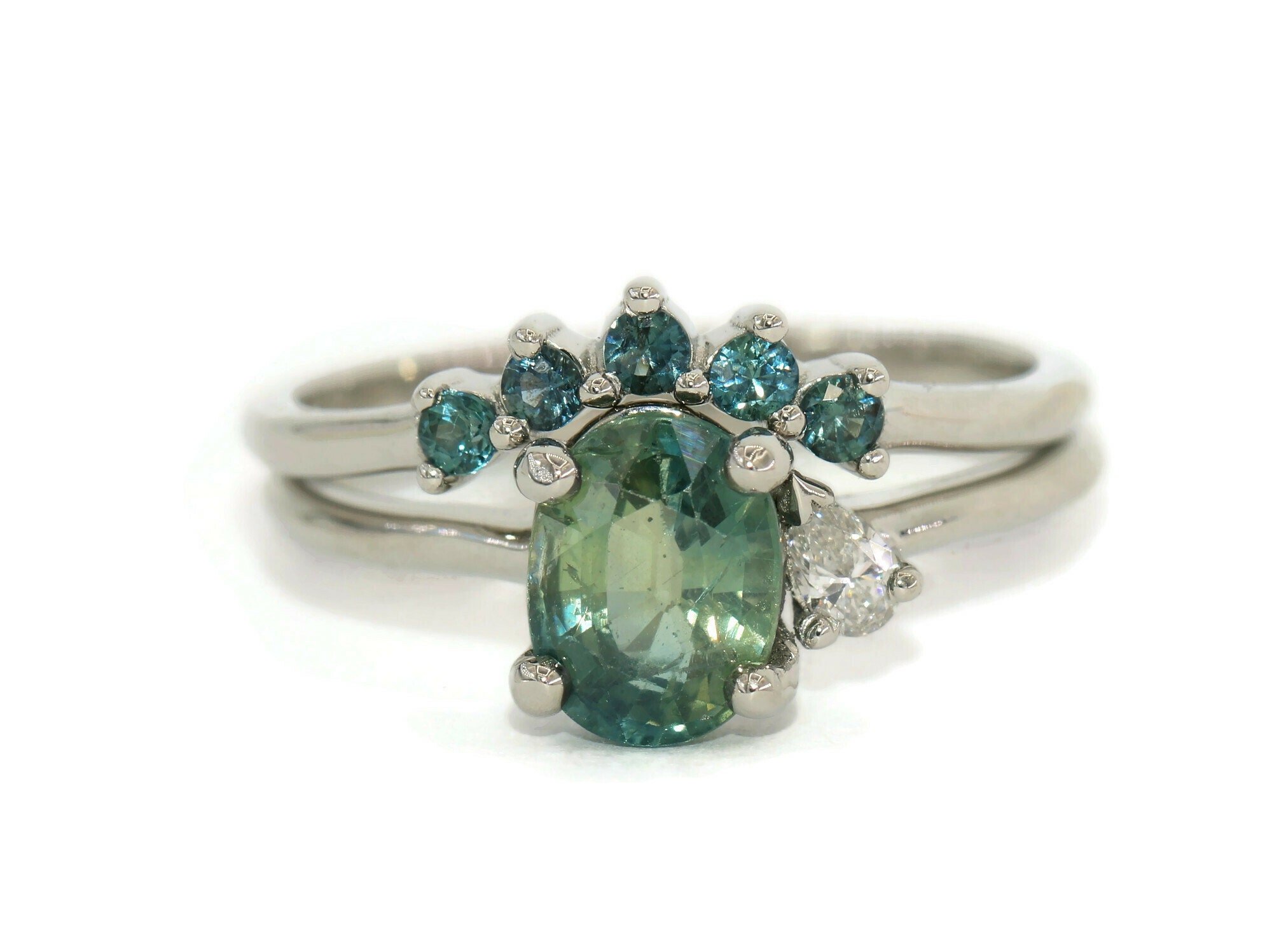 Curved Nesting Wedding Ring with 5 Stone Teal Blue Green Sapphires