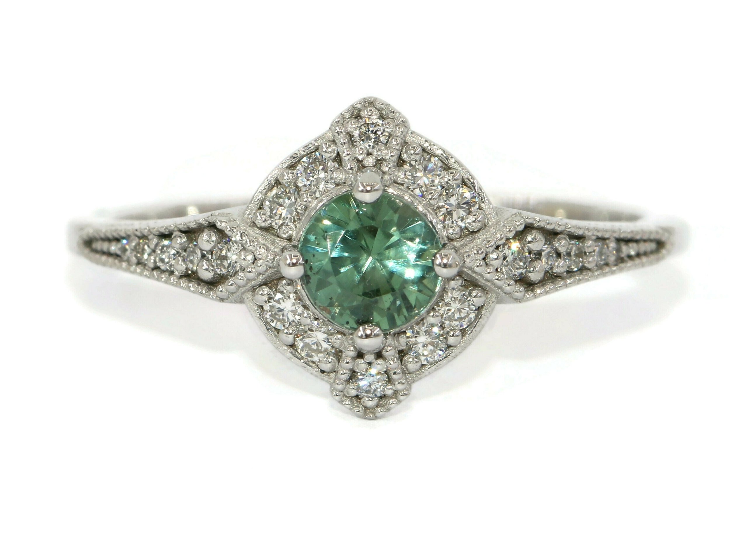 Teal Green Blue Edwardian Style Inspired Natural Montana Sapphire Engagement Ring