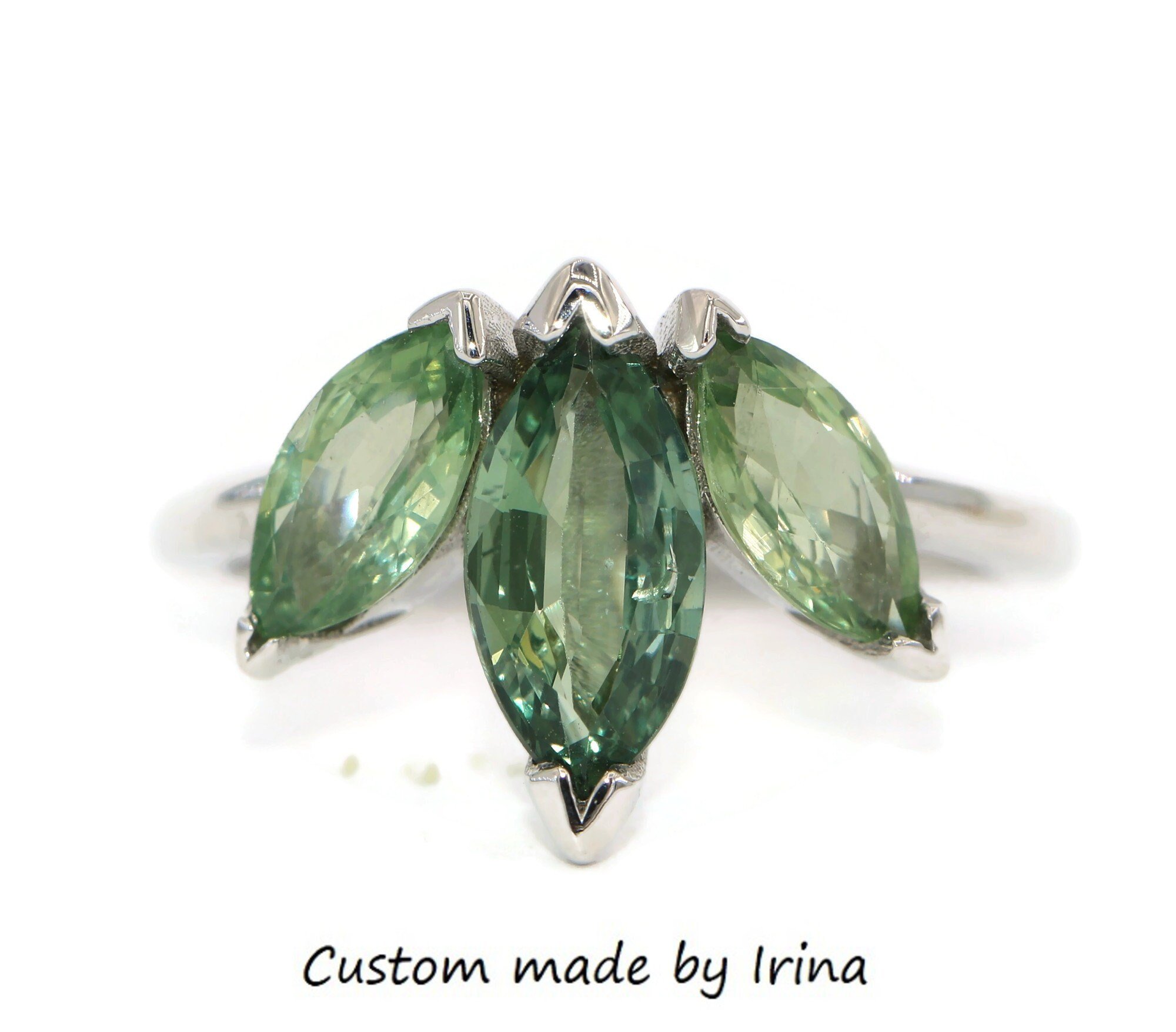 3 Stone Leaf Marquise Green Natural Sapphire Ring