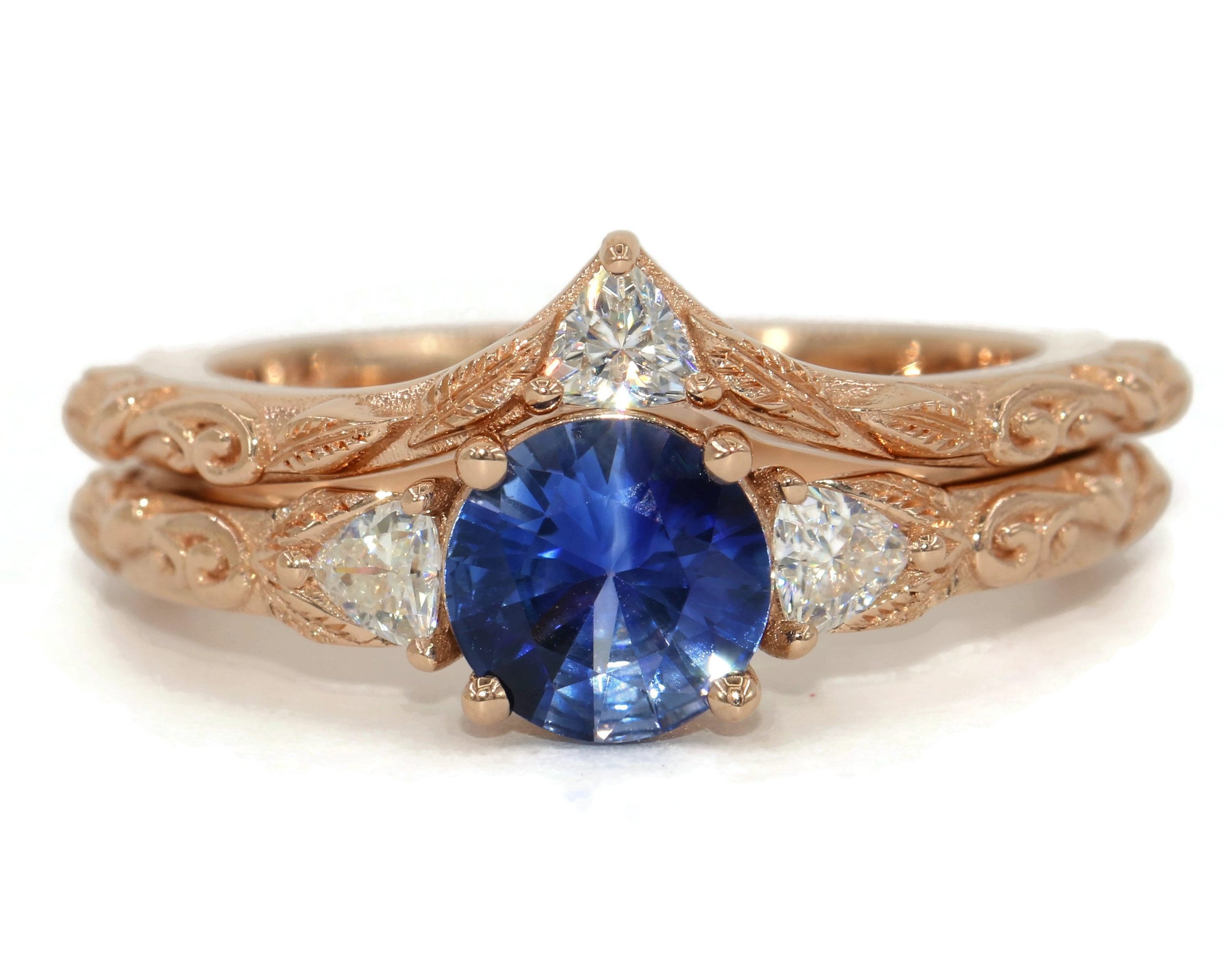1 ct Natural Sapphire + Natural Diamonds Vine Leaf Scroll Rustic Three Stone Rings Set