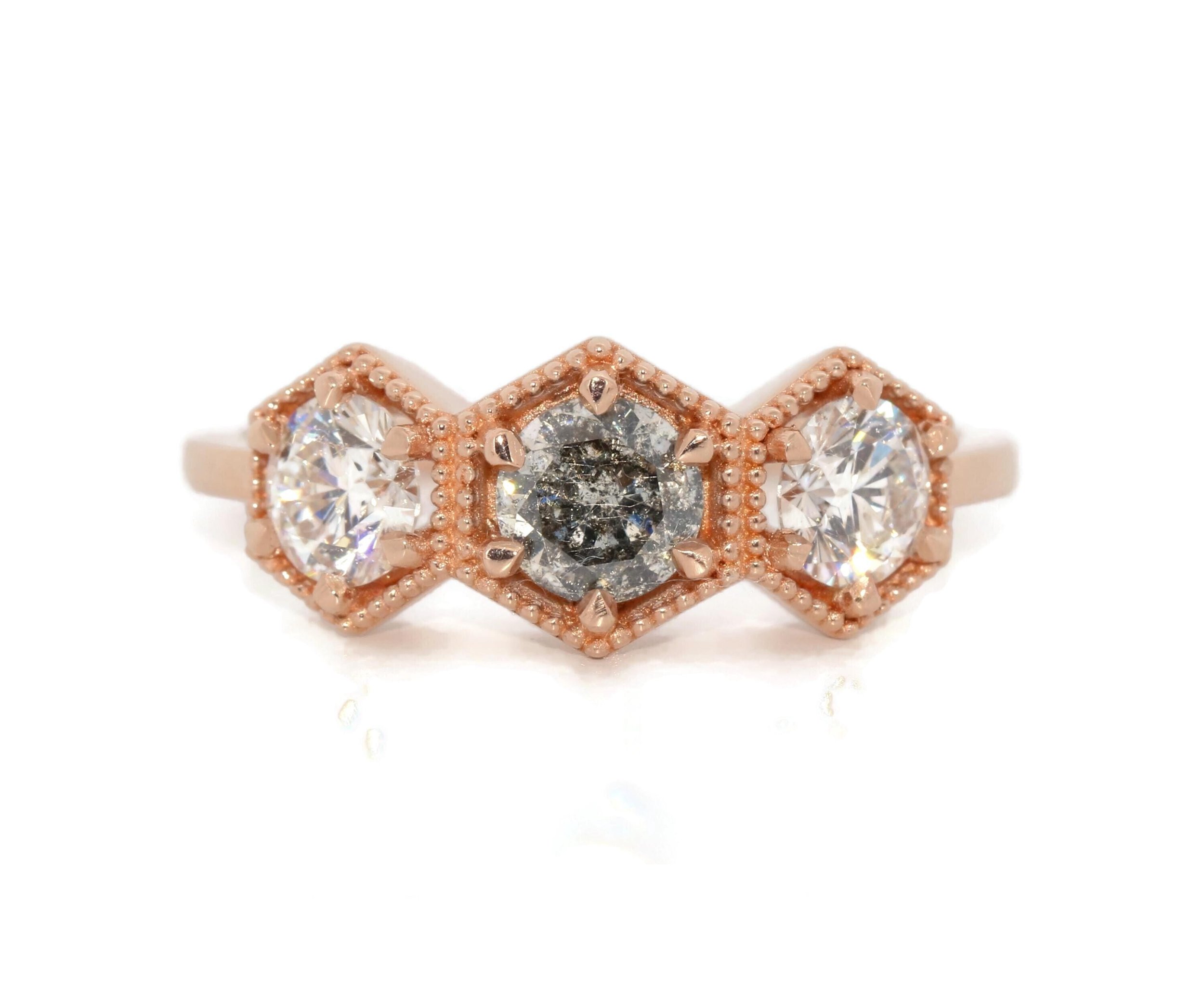 Hexagon Frame 3 Stone Salt and Pepper Natural Diamond Ring