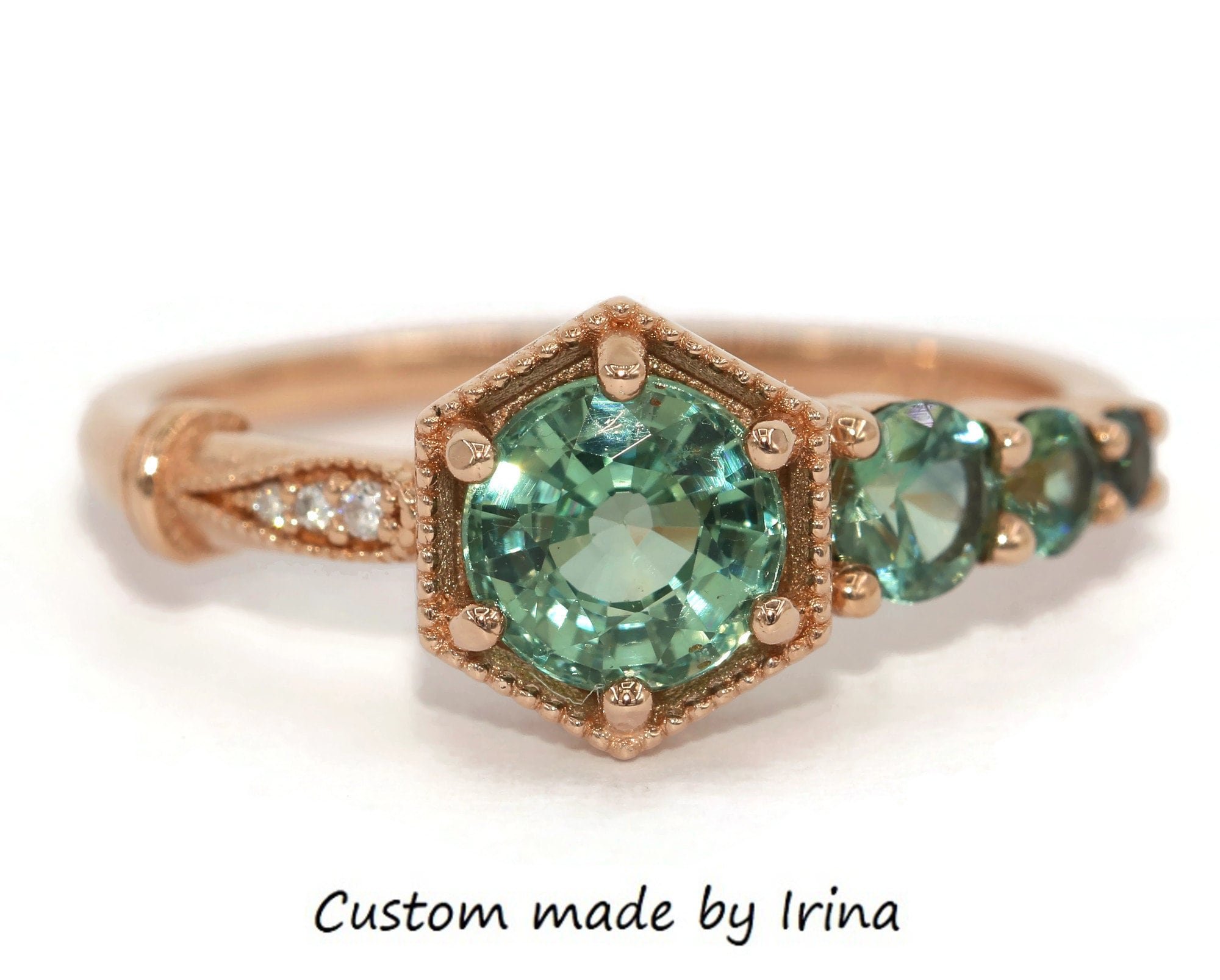 Hexagon Teal Sapphire Cluster Ring: Edwardian Style 14k Solid Gold