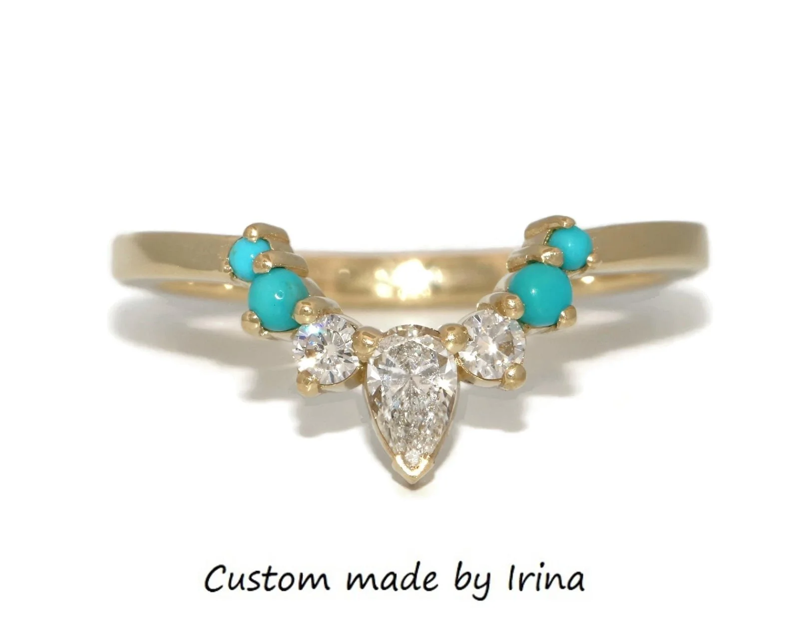 Custom Made Natural Turquoise and Lab Diamonds Curved Nesting Band 14k Solid Gold