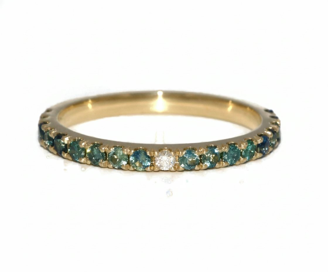 Blue Green Natural Sapphires and Diamonds Half Eternity Ombre Wedding Band