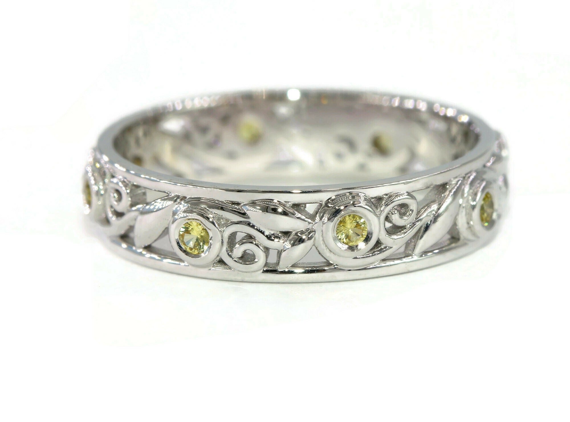 Lace Vine Leaf Eternity Wedding Band with Vintage Inspired Scroll Filigree Patterns