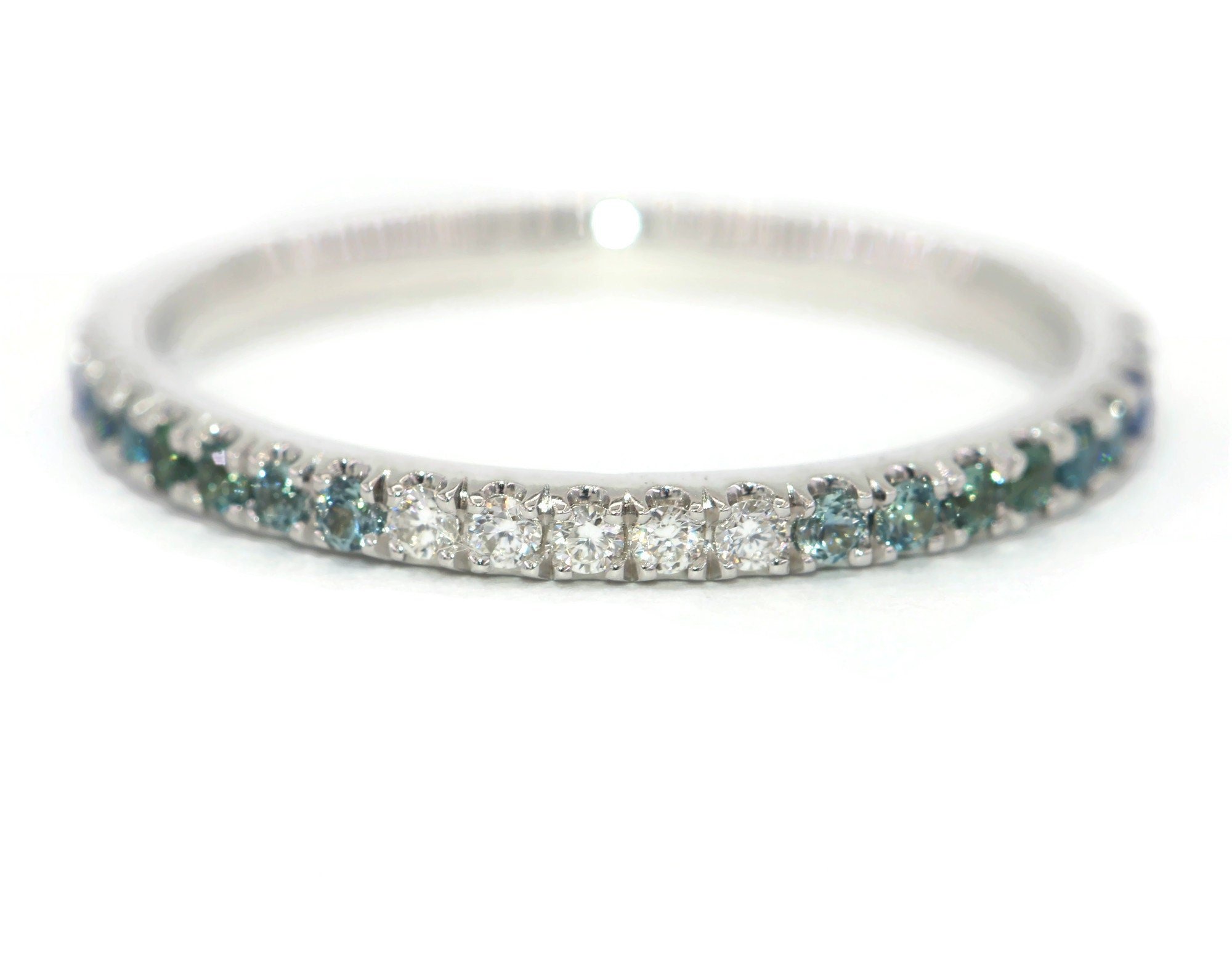 Ombre Blue Green Natural Sapphires and White Diamonds Wedding Ring